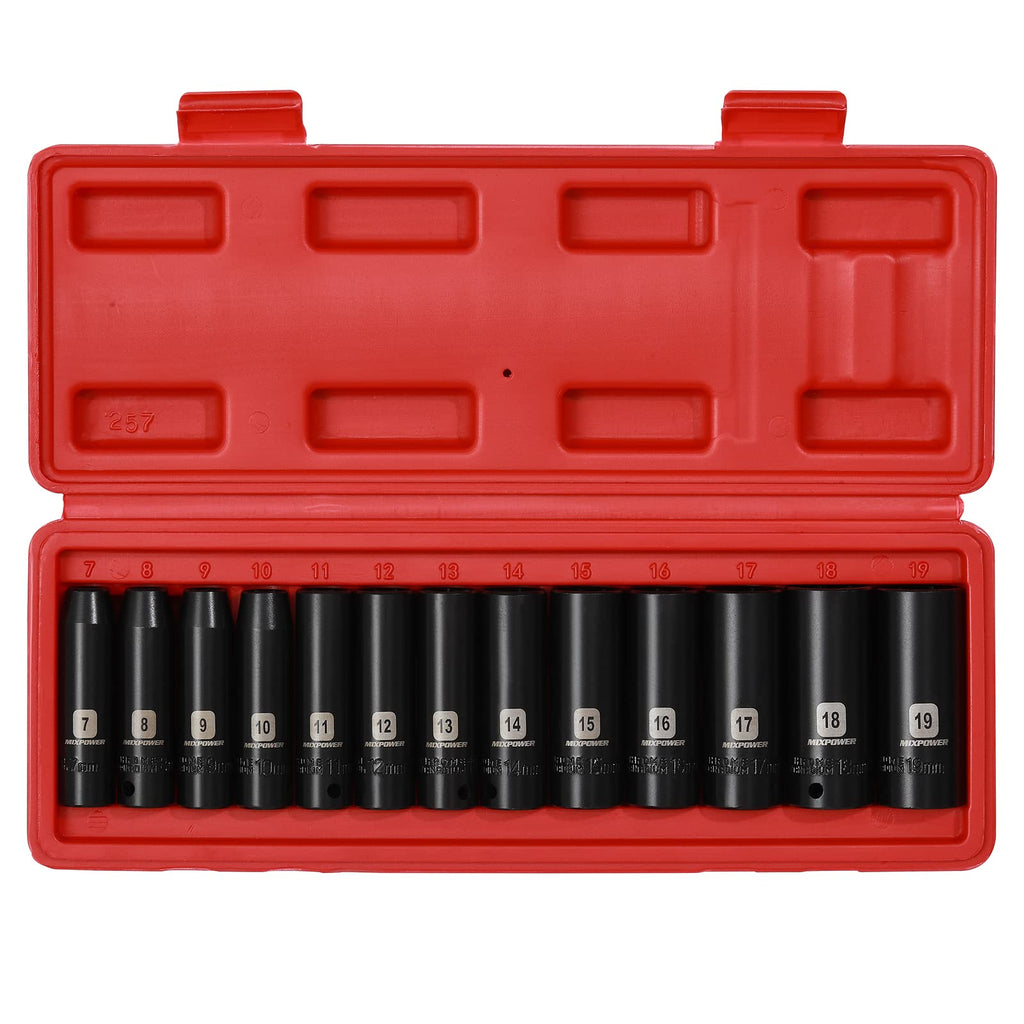 MIXPOWER 12 Pieces 3/8-Inch Drive Shallow Impact Socket Set, 5/16 to 1 inch, CR-V, SAE, 6 Point, Shallow, 12 Pieces 3/8" Dr. Socket
