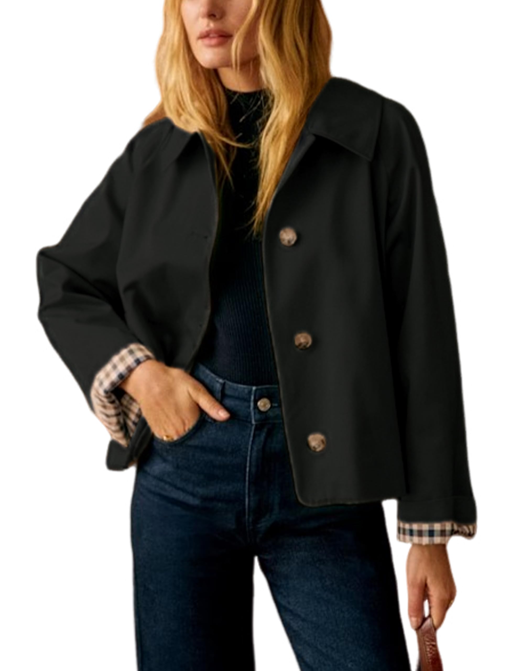 Yeokou Women Oversize Trench Coat Plaid Lining Lapel Button Down Casual Crop Jacket Outwear with Pockets