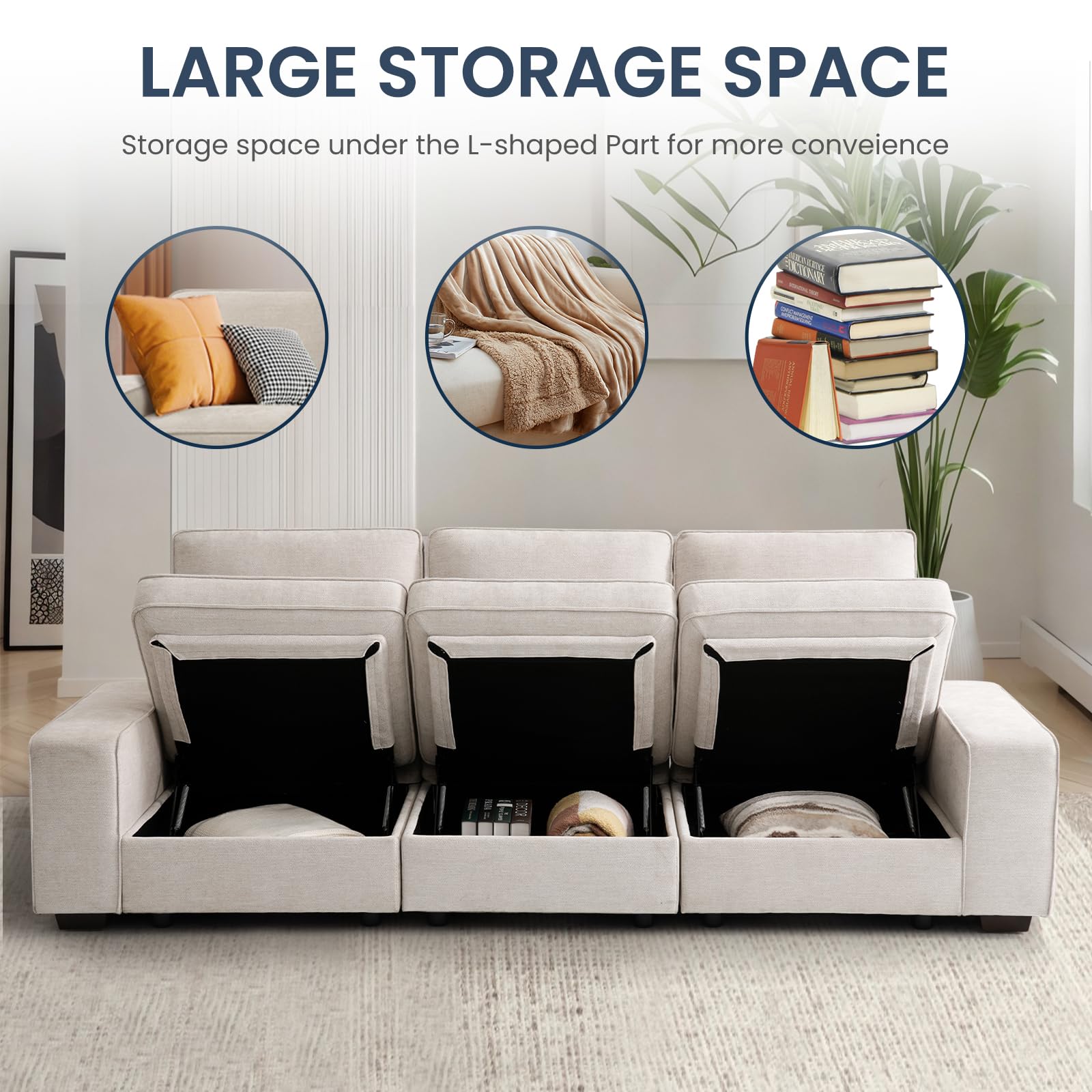 TEKAMON 100" Modular Sectional Sofa with Seats Storage, L Shaped Couch with Movable Ottoman for Living Room, Couch with Chaise, Solid Wood Frame, Spring Cushions, USB Port, Removable Covers, Beige