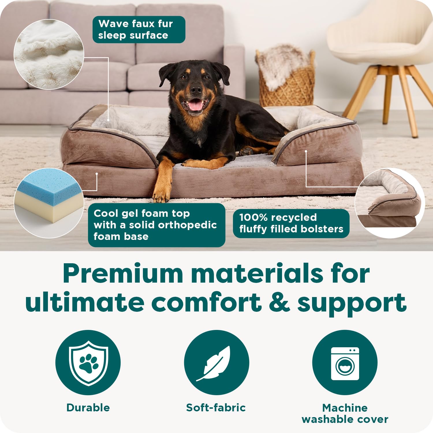 Furhaven Cooling Gel Dog Bed for Medium/Small Dogs w/ Removable Bolsters & Washable Cover, For Dogs Up to 35 lbs - Plush & Velvet Waves Perfect Comfort Sofa - Brownstone, Medium