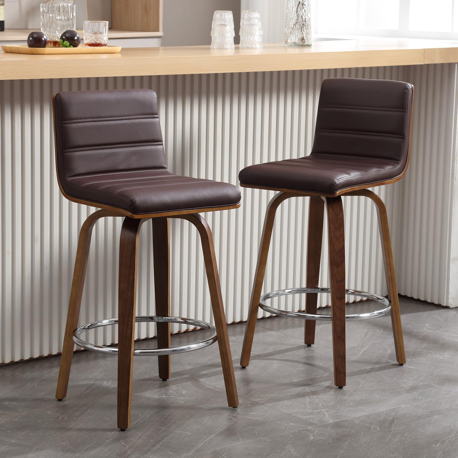 Bar Stools 29 Inch Bar Height, Swivel Bar Stools with Backs Upholstered PU Leather Barstool, L Shape Back and Padded Seat, Mid-Century Modern Bar Stool Pub Chairs for Kitchen Counter Island, Black