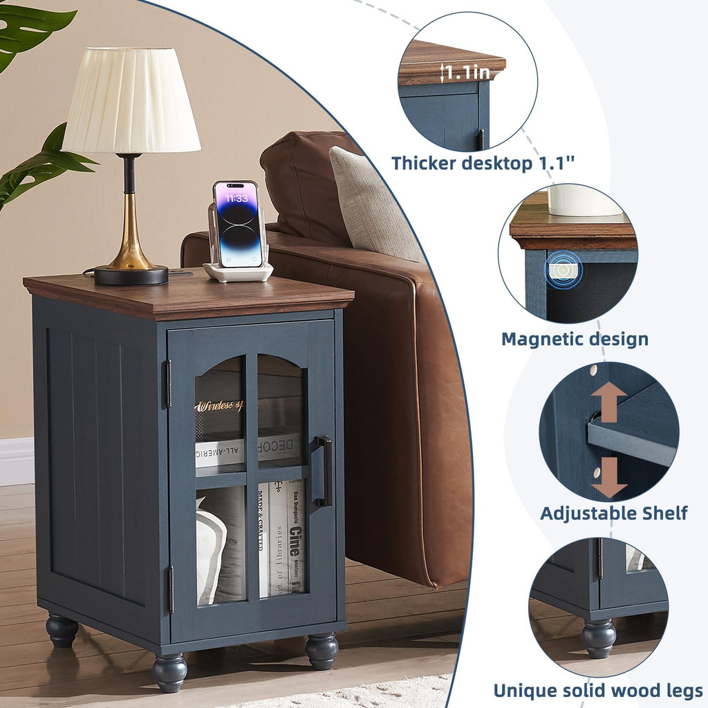 Narrow Side Table,Farmhouse Nightstand with Charging Station,Wood End Table with Glass Barn Door Storage, Cabinet Organizer with Adjustable Shelf, Night Stand for Small Spaces for Living Room Bedroom