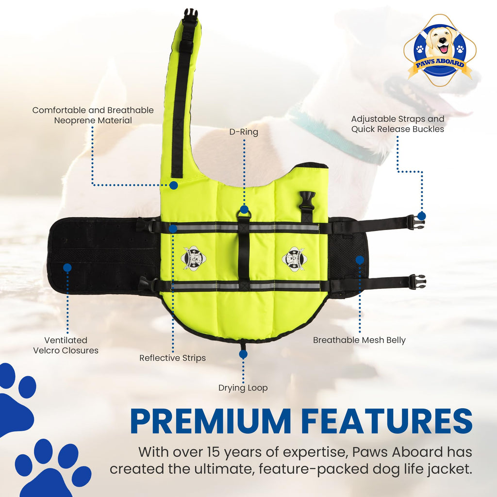 Dog Life Jacket — Premium Swim Vest with SafeChin Anti-Choke Collar | PAWS Aboard Blue & Yellow | RapidLift Rescue Handle, D-Ring, Reflective Trim | Boating, Kayaking, Pool | XX-Small (Under 6 lbs)