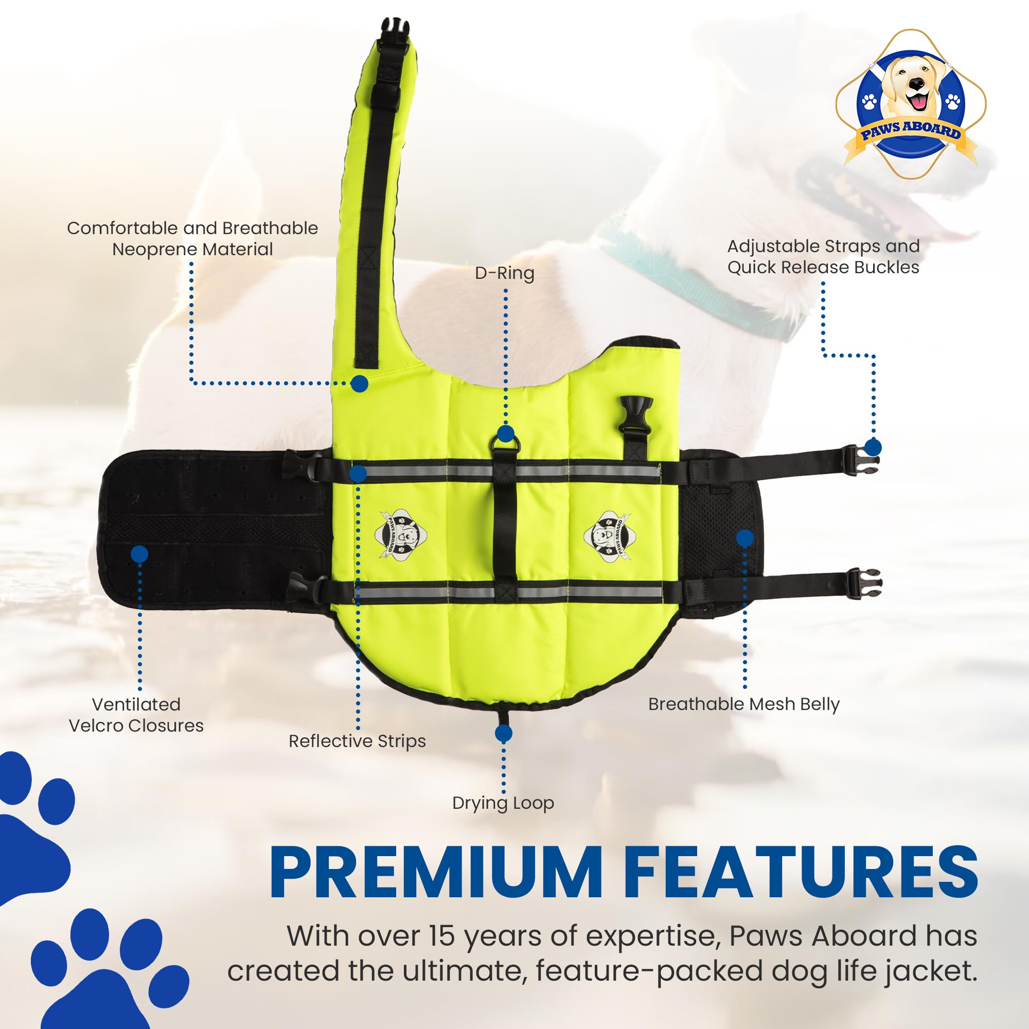 Dog Life Jacket — Premium Swim Vest with SafeChin Anti-Choke Collar | PAWS Aboard Blue & Yellow | RapidLift Rescue Handle, D-Ring, Reflective Trim | Boating, Kayaking, Pool | XX-Small (Under 6 lbs)