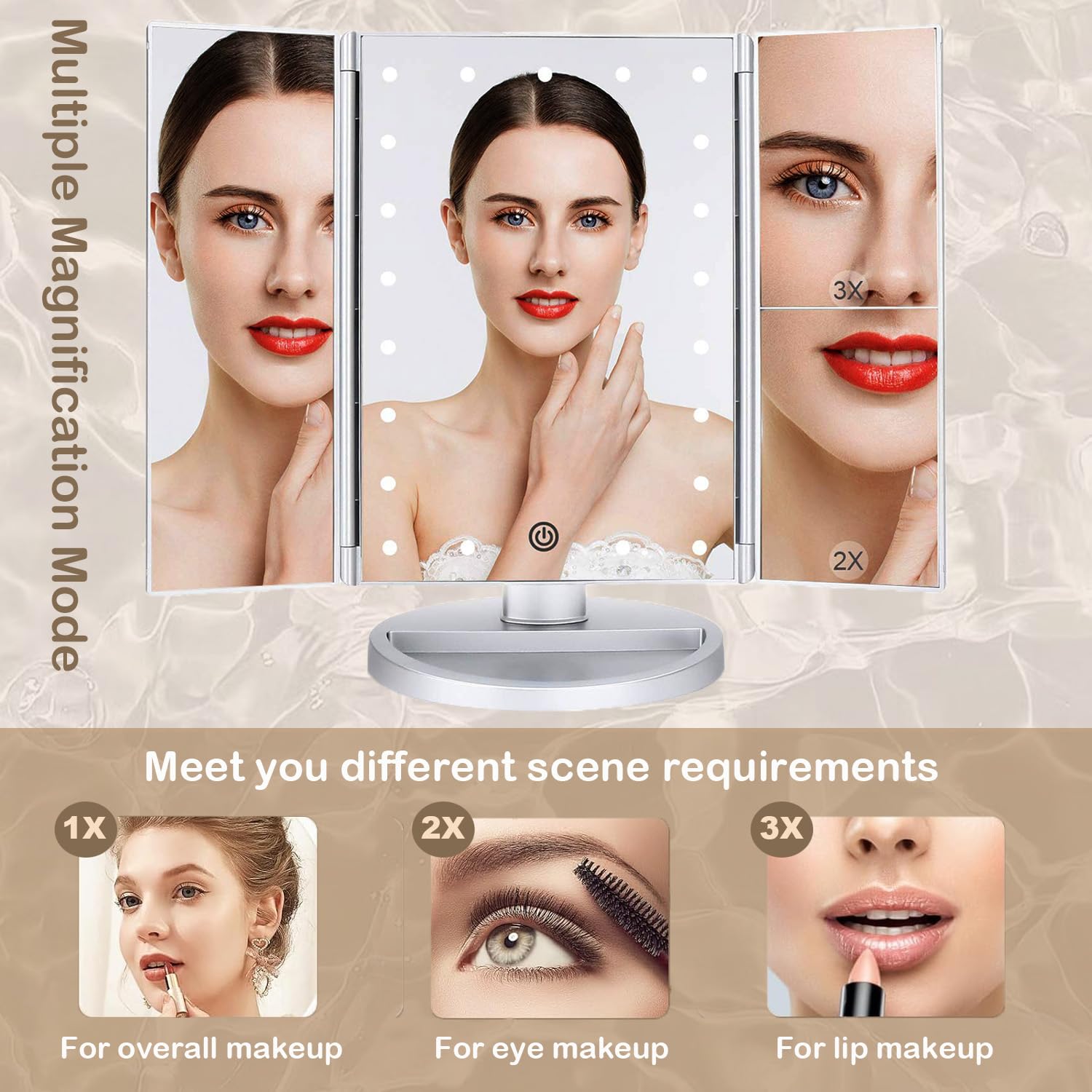 Flymiro Tri-fold Lighted Vanity Makeup Mirror with 3x/2x Magnification,Light up Mirror for Makeup,Touch Screen 21 LEDs,180° Rotation Countertop Cosmetic Mirror,Gifts for Women Mom Teen Girls