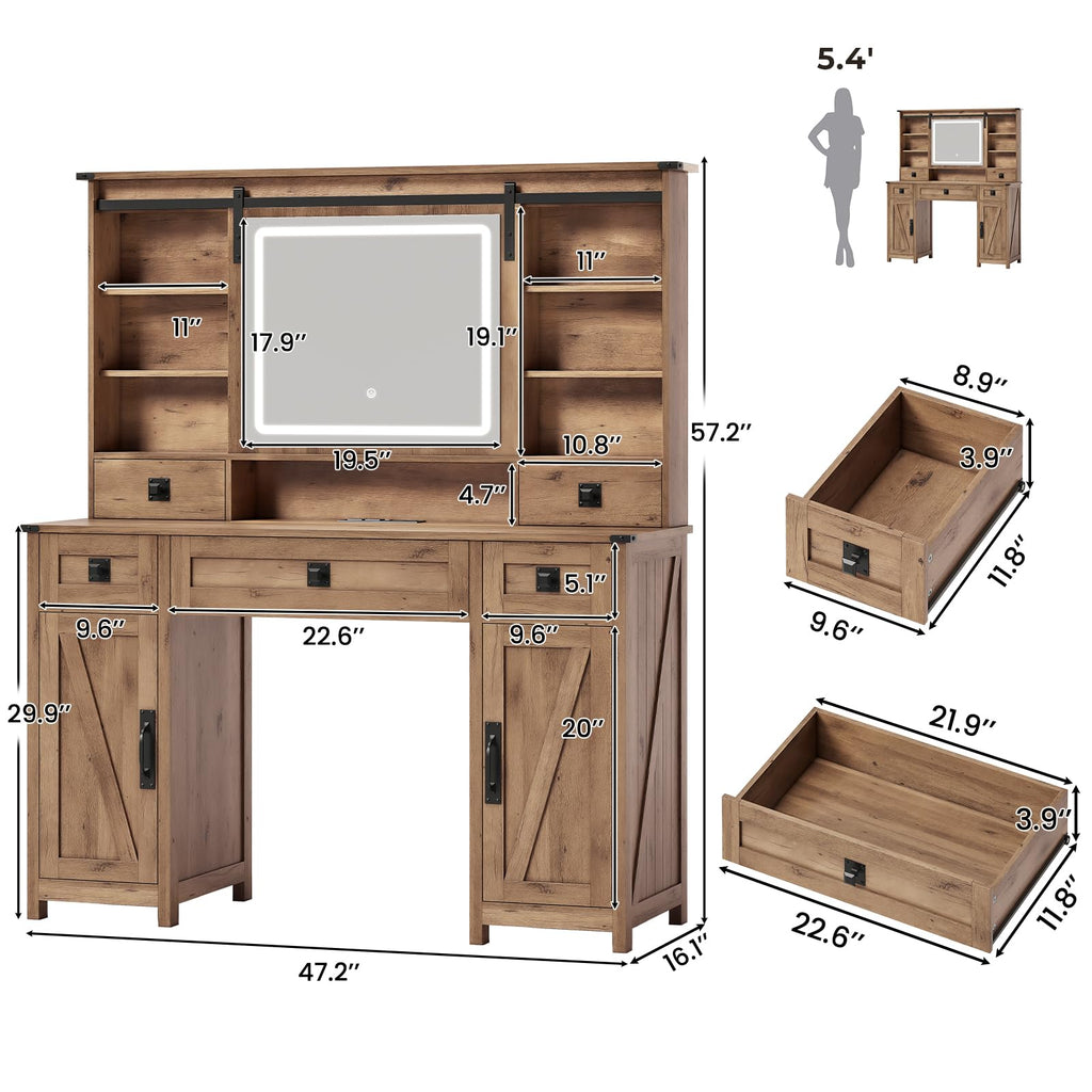 MSmask Makeup Vanity Desk with Lights, 47.2" Farmhouse Vanity Table with Sliding Mirror & Charging Station, Large Makeup Desk with 5 Drawers & 2 Cabinets, Rustic Oak