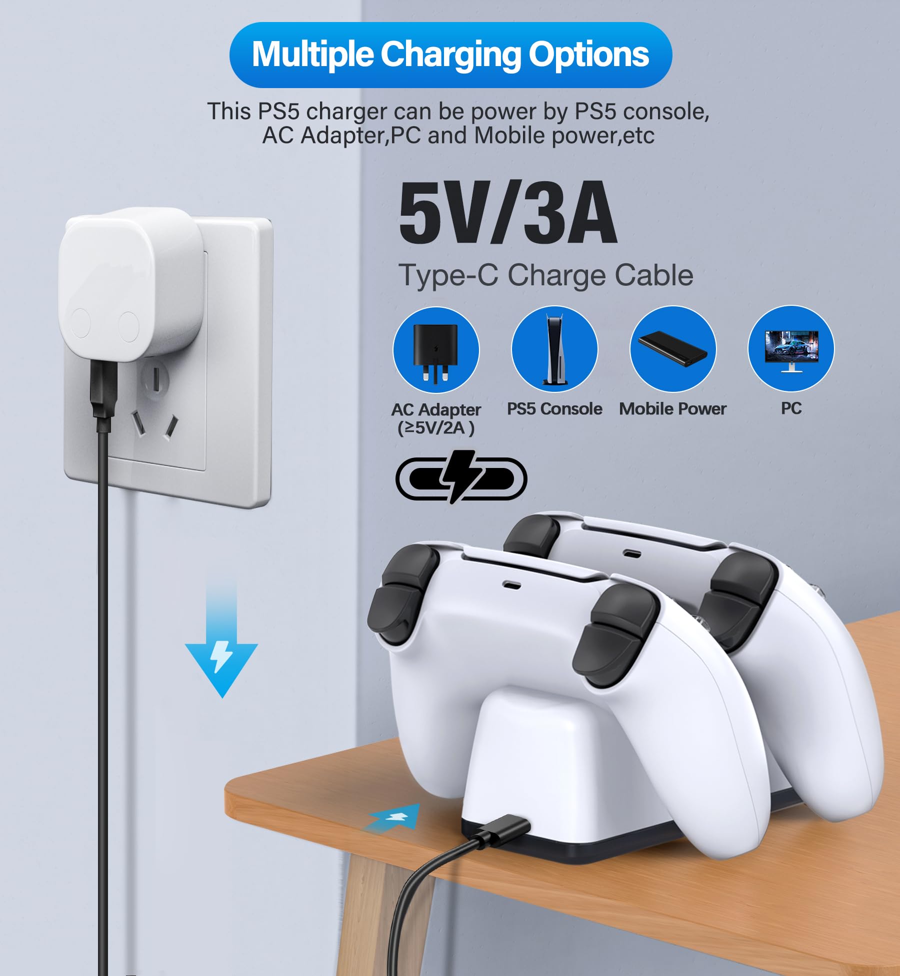 Controller Charging Station for PlayStation 5 Dualsense Controller with Dual Stand Charger Dock, Upgrade Charger for PS5 Accessories Fast Charging Cable, Charging Station Black for PS5