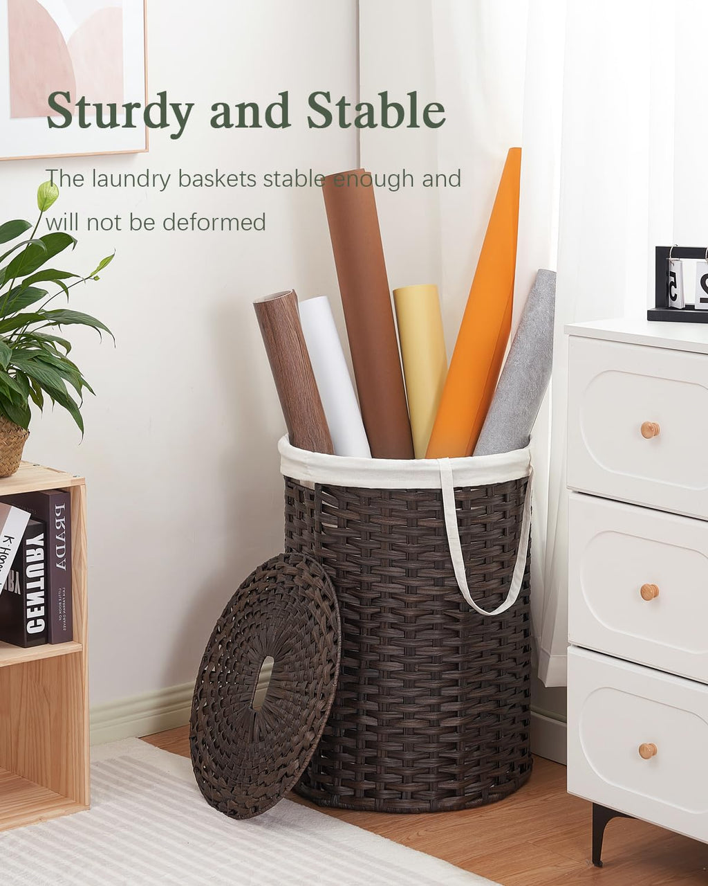 SETVSON Laundry Hamper with Lid Laundry Basket with Lid 19.0 Gal (72 L) Round Wicker Laundry Basket Handwoven Rattan Basket with Lid Removable Bag 2 Mesh Bags Handles for Living Room Bathroom Black