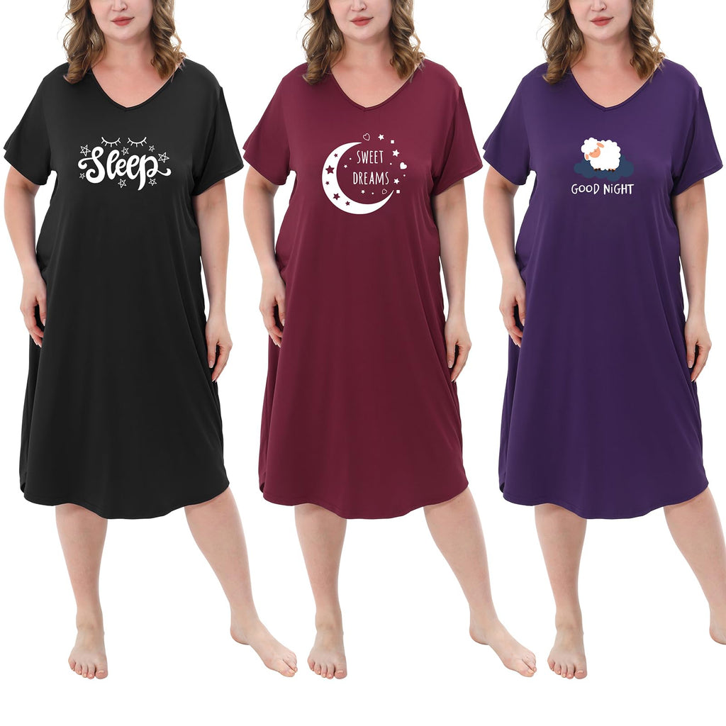 3 Pack Plus Size Women's Nightgown Soft Print Nightshirts for Women Short Sleeve Sleepwear