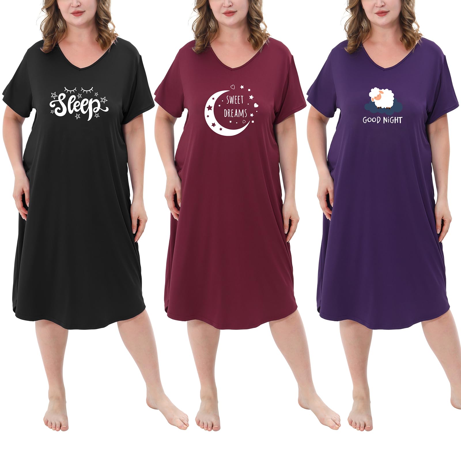 3 Pack Plus Size Women's Nightgown Soft Print Nightshirts for Women Short Sleeve Sleepwear
