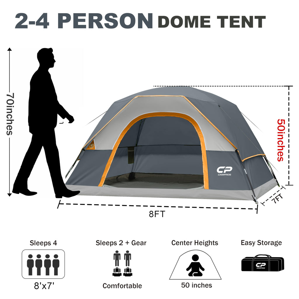 CAMPROS CP Camping Tent 2/4/6 Person, Waterproof Windproof Double Layer Dome Tent, Easy Setup with Large Mesh Windows & Wide Door for Outdoor Camping Backyard