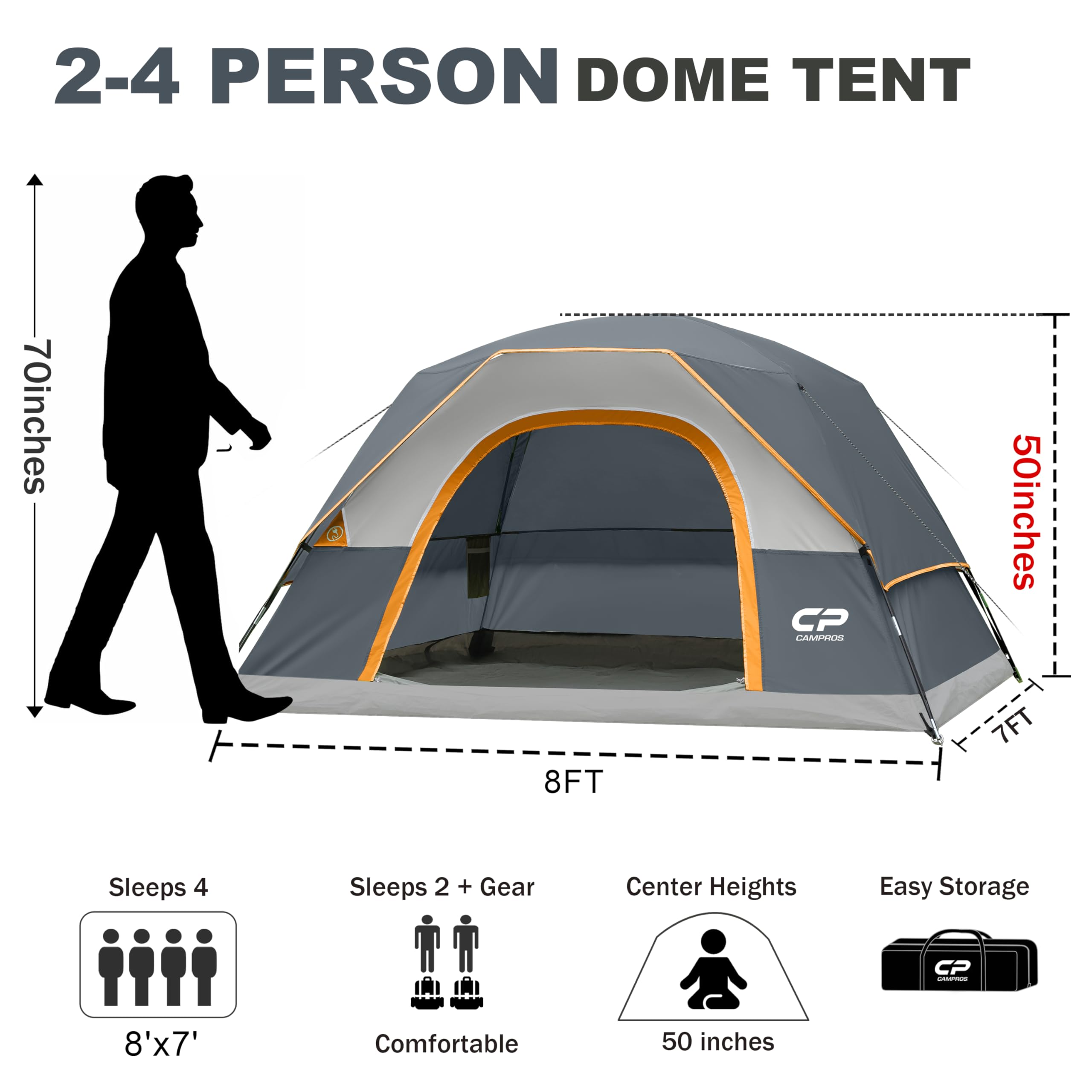 CAMPROS CP Camping Tent 2/4/6 Person, Waterproof Windproof Double Layer Dome Tent, Easy Setup with Large Mesh Windows & Wide Door for Outdoor Camping Backyard