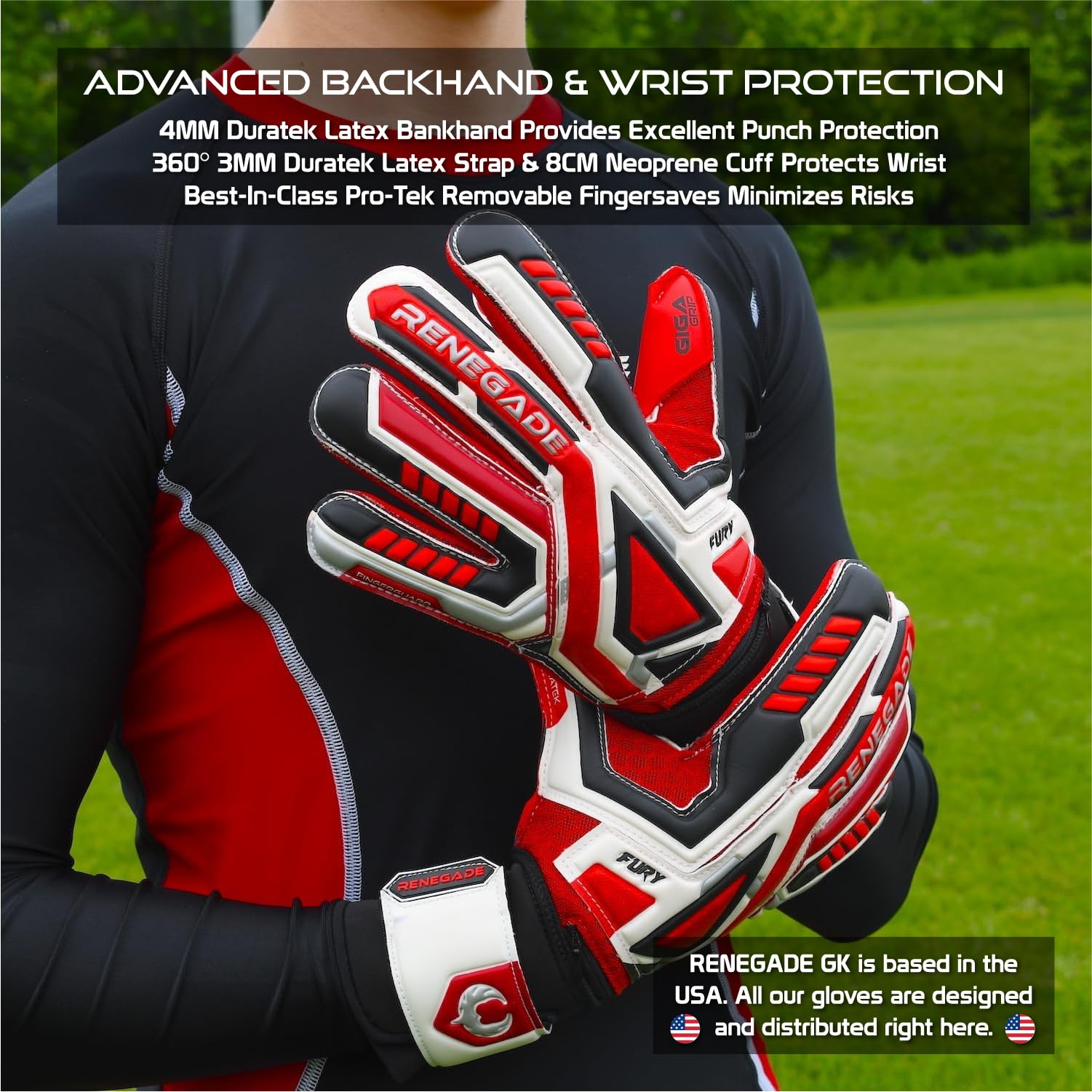 Renegade GK Fury Goalie Gloves with Microbe-Guard - Adult, Youth, Kids (Sizes 6-11) Pro-Tek Fingersaves & 4+3MM Giga Grip | High Performance Pro-Level Goalkeeper Glove | Based in USA