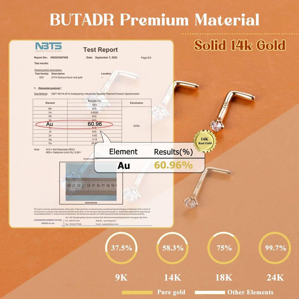14K Real Gold Nose Studs, 18G 20G Solid Gold L Shaped Nose Rings, Simulated Diamond CZ Hypoallergenic Nose Piercings for Women Men 1.5 2 3MM
