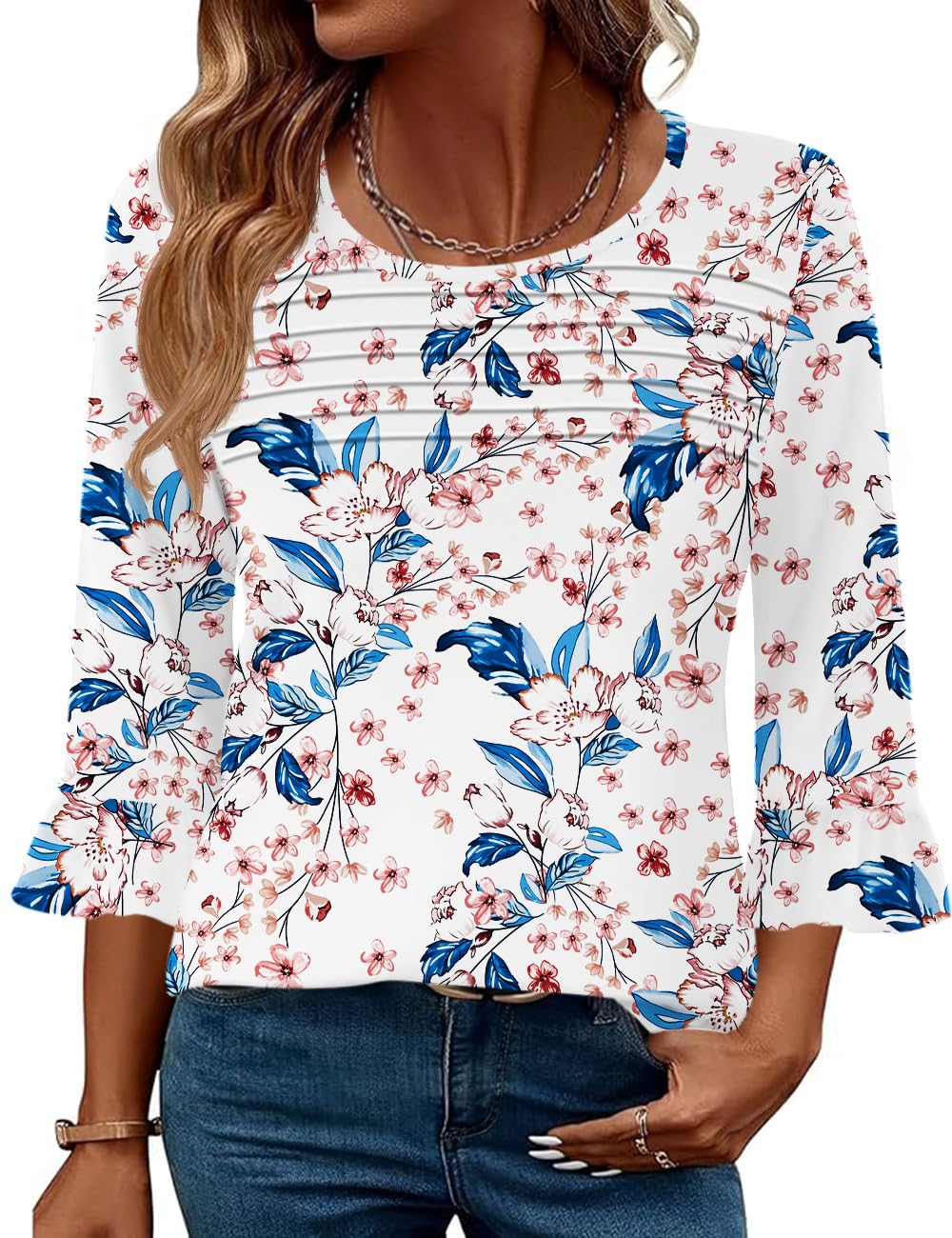 Blingfit Womens Tops 3/4 Length Sleeve Dressy Casual Shirts Bell Sleeve Front Pleated Fasion Trendy Summer Blouses 2026