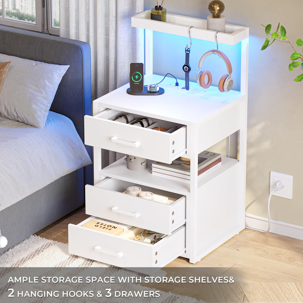 VIAGDO Led Nightstand with Charging Station, 3 Drawers Night Stands with Led Lights, Black Bedside Tables with Storage Shelves, Modern End Side Tables for Bedroom, Office