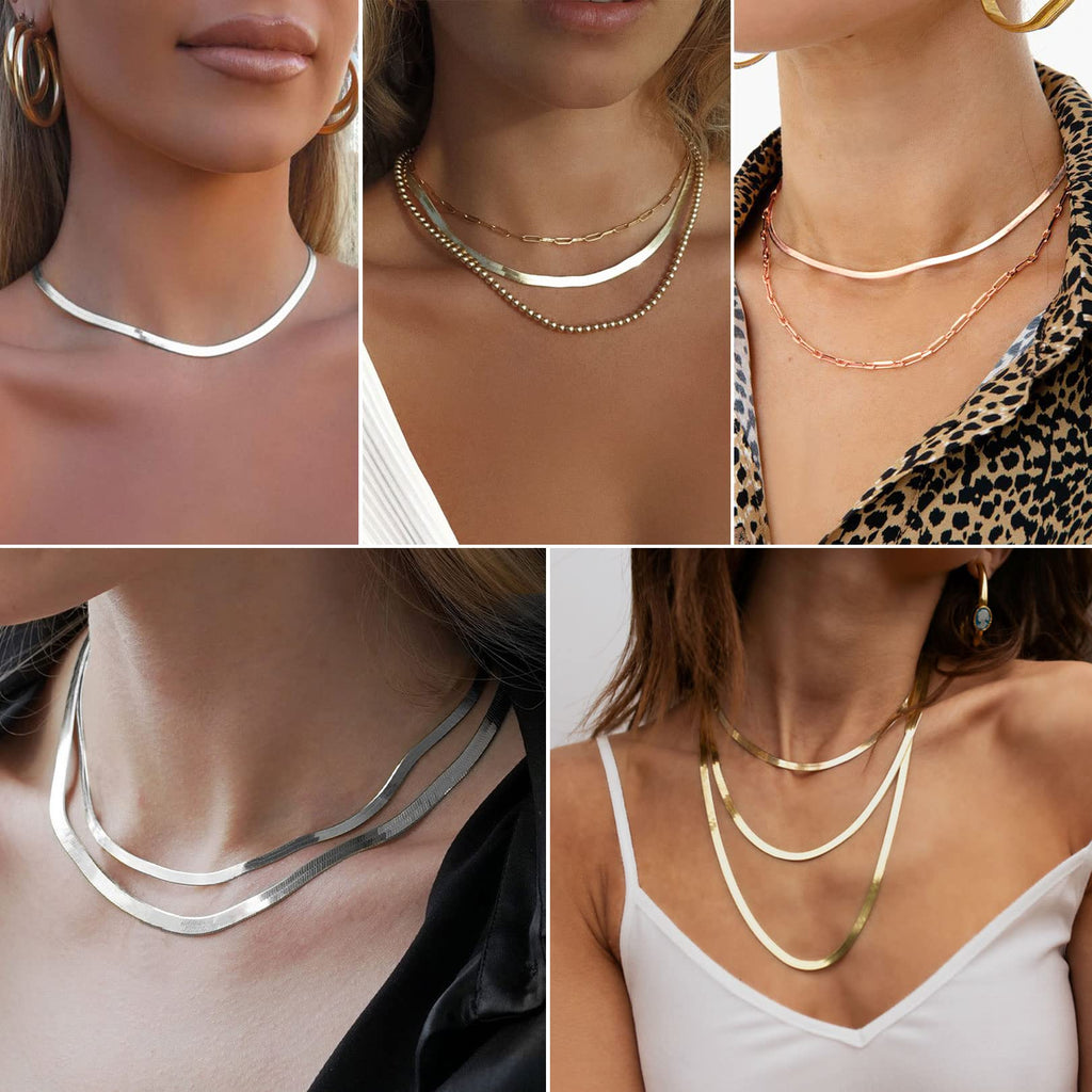 FOCALOOK 14K Gold Plated Necklaces for Women, Fashion Herringbone Choker Necklace Stainless Steel Flat Snake Chain 3/5MM(W) 12.5"/15"/18"+3.5"(L)