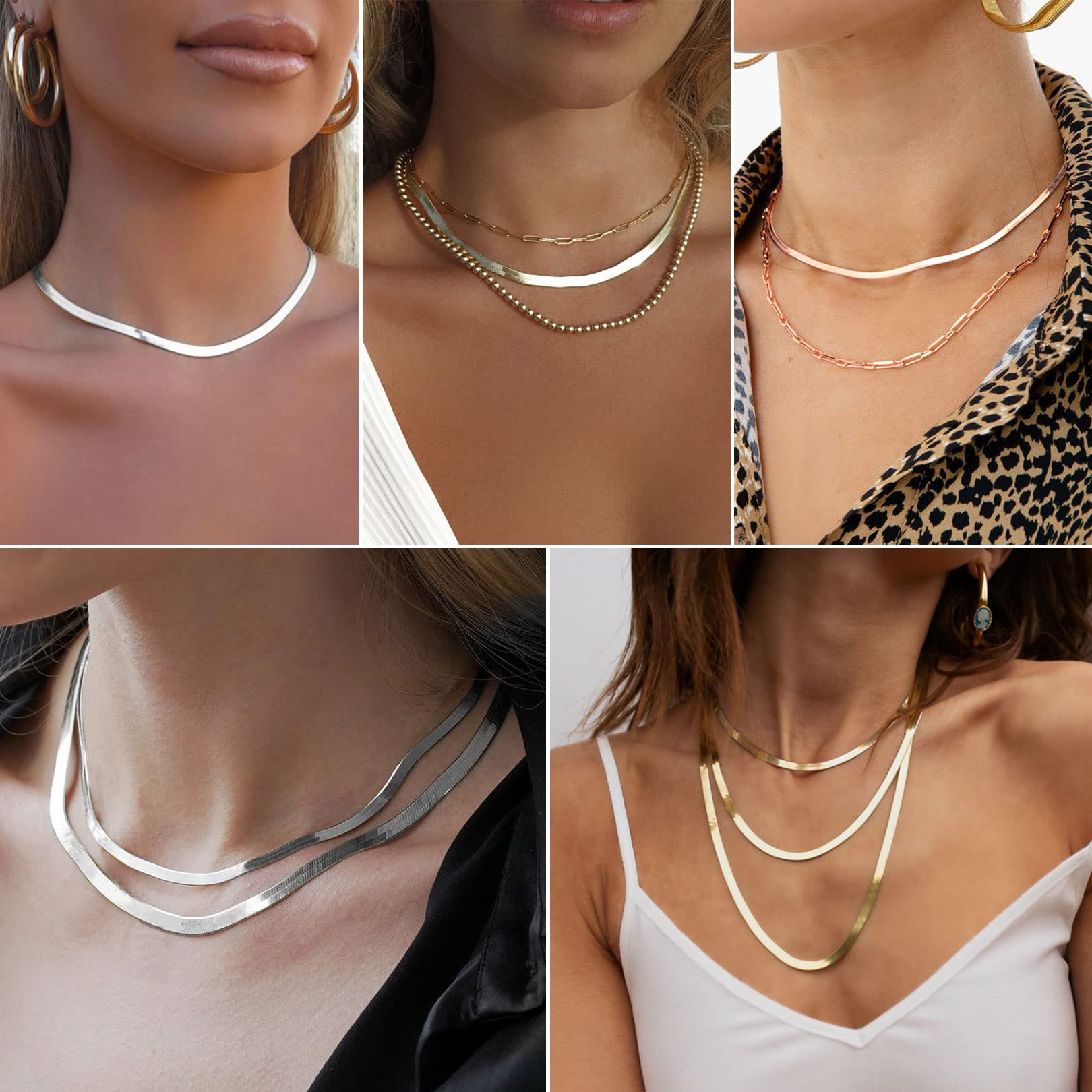 FOCALOOK 14K Gold Plated Necklaces for Women, Fashion Herringbone Choker Necklace Stainless Steel Flat Snake Chain 3/5MM(W) 12.5"/15"/18"+3.5"(L)