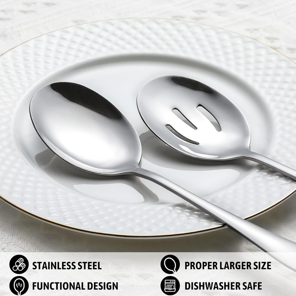 Hiware 8-Piece Serving Set - Includes 4 Spoons and 4 Slotted Spoons, 18/8 Stainless Steel Buffet Utensils - Mirror Polished, Dishwasher Safe, 8.6-Inch