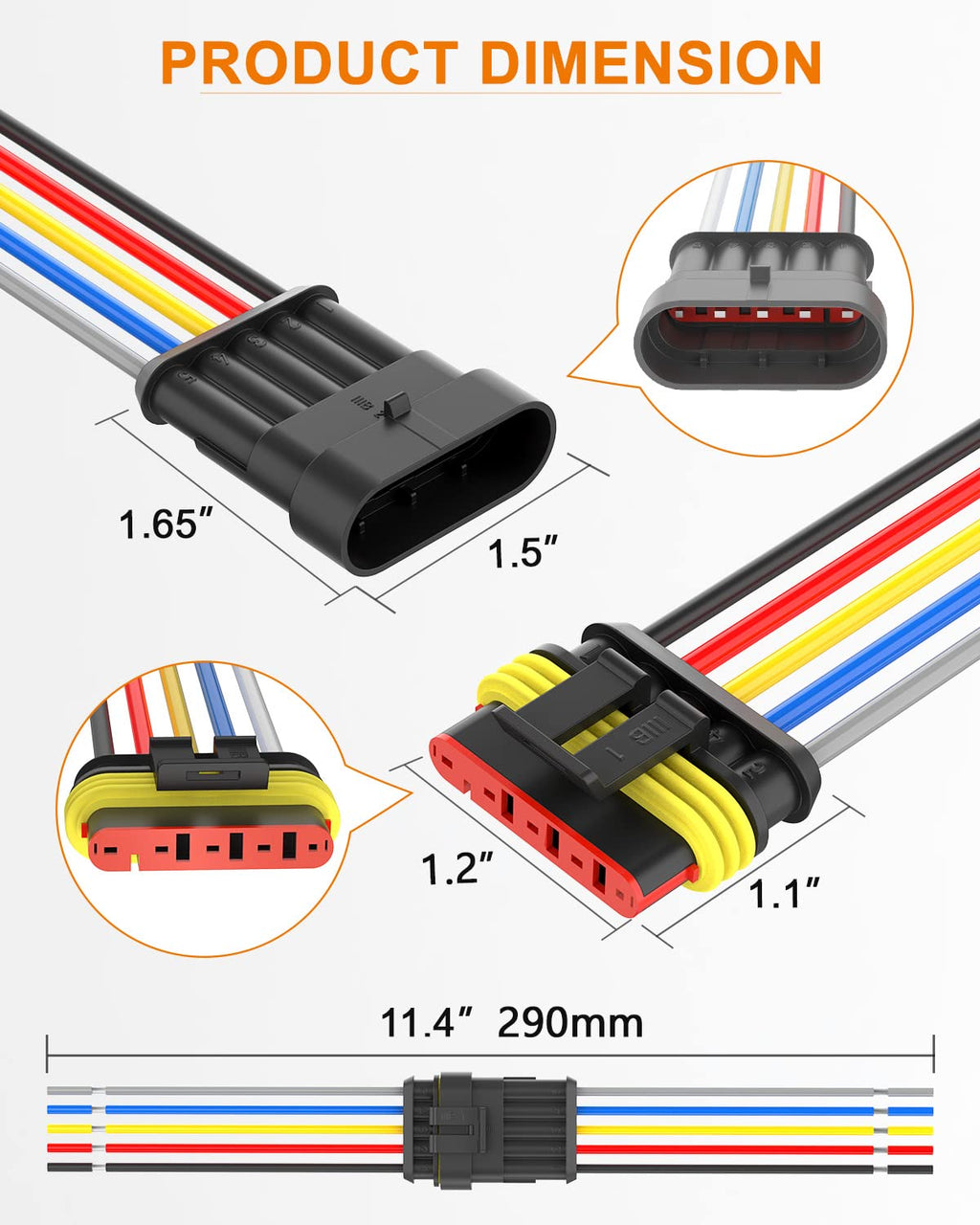 NAOEVO 2 Pin Connector Waterproof, 16 AWG 2 Wire Connectors, Automotive Electrical Male and Female Plug with Heat Shrink Tubing for Car Truck Boat Wire Connection, 6 Kits