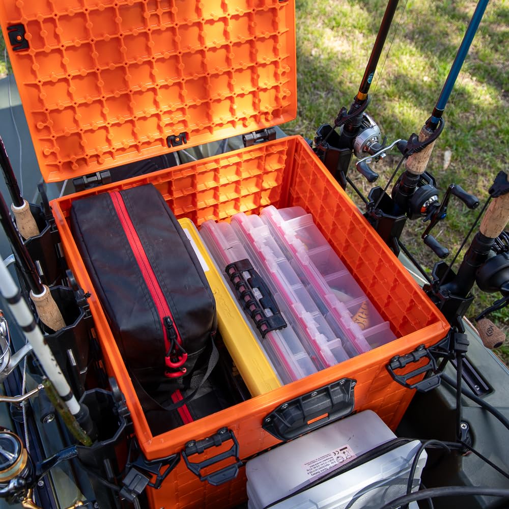 YakAttack BlackPak Pro 13" x 13" Fishing Crate with 3 Rod Holders - Battleship Grey | Compact Tackle Storage Box & Gear Organizer for Kayaks | Lightweight, Durable & Customizable Marine Accessory