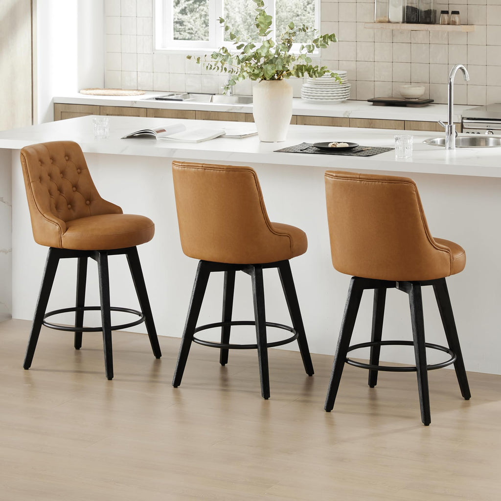 Watson & Whitely Counter Height Bar Stools, Performance Fabric Upholstered Modern Swivel Barstool with Back, Solid Wood Legs, 26" H Seat, Flint Grey