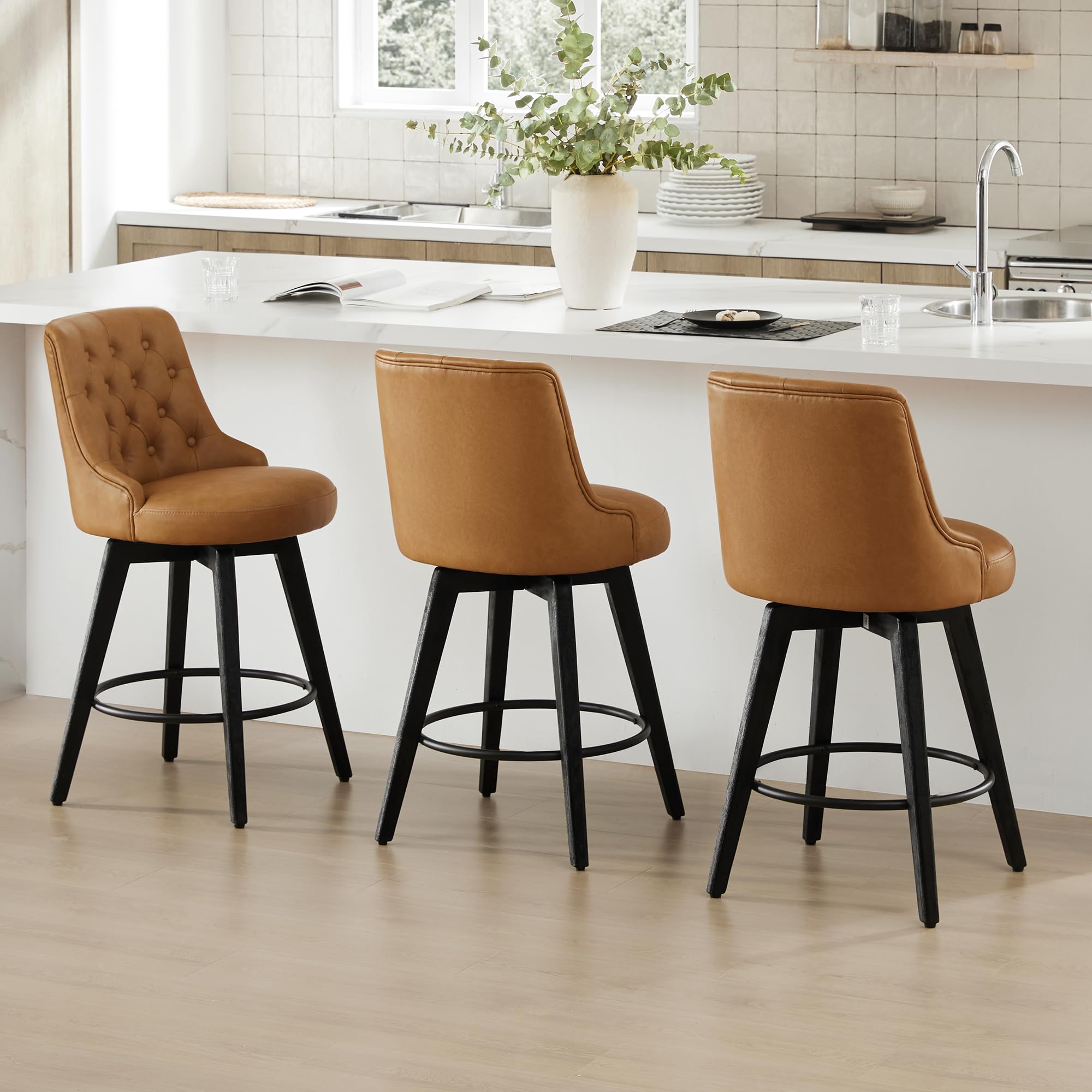 Watson & Whitely Counter Height Bar Stools, Performance Fabric Upholstered Modern Swivel Barstool with Back, Solid Wood Legs, 26" H Seat, Flint Grey