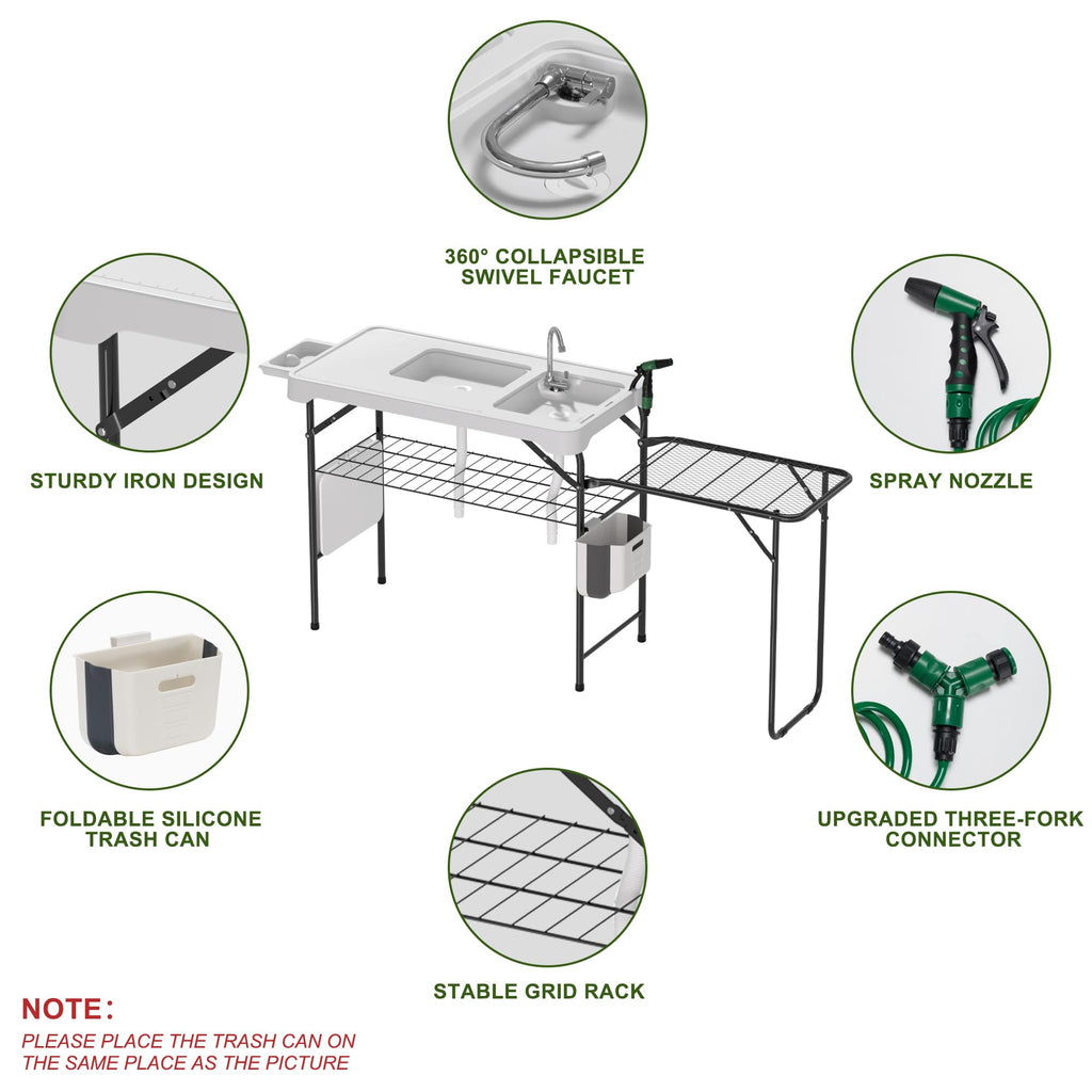 Dragosum Fish Cleaning Table, Portable Folding Camping Table with Folding Grill Extension Board, Fish Cleaning Station with Dual Sinks, Hose Hook Up