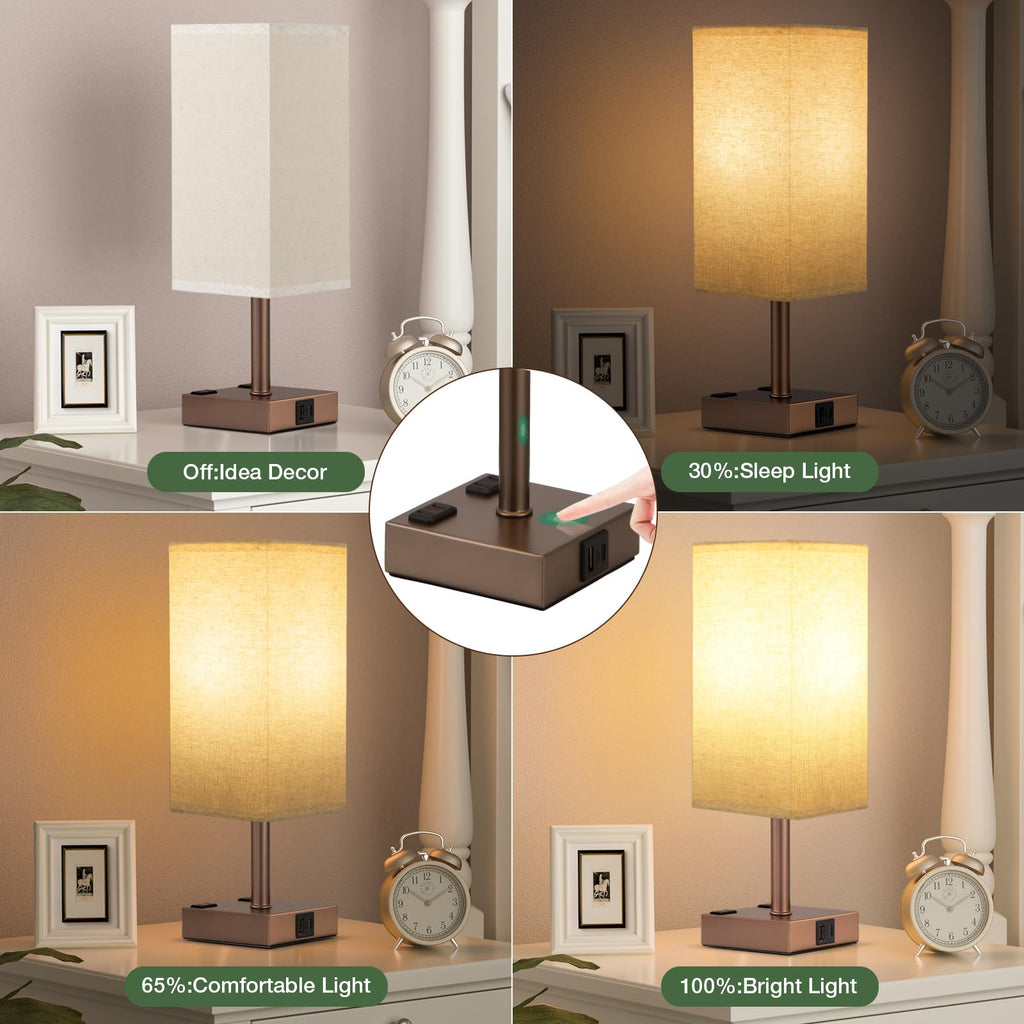 aooshine Set of 2 Touch Nightstand Lamp with USB-C+A Charge Ports& AC Outlets, 3-Way Dimmable Bedside Lamp with White Fabric Shade,Small Table Lamp for Bedroom Guest Room(Bulb Included)