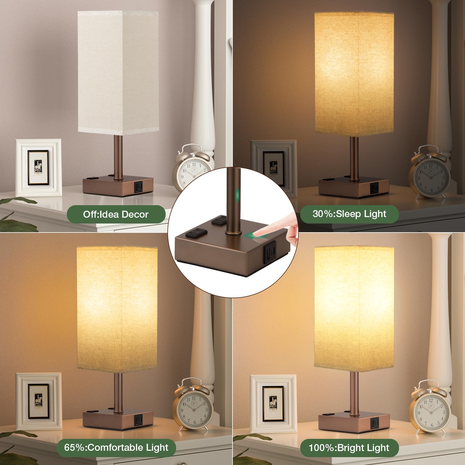 aooshine Set of 2 Touch Nightstand Lamp with USB-C+A Charge Ports& AC Outlets, 3-Way Dimmable Bedside Lamp with White Fabric Shade,Small Table Lamp for Bedroom Guest Room(Bulb Included)