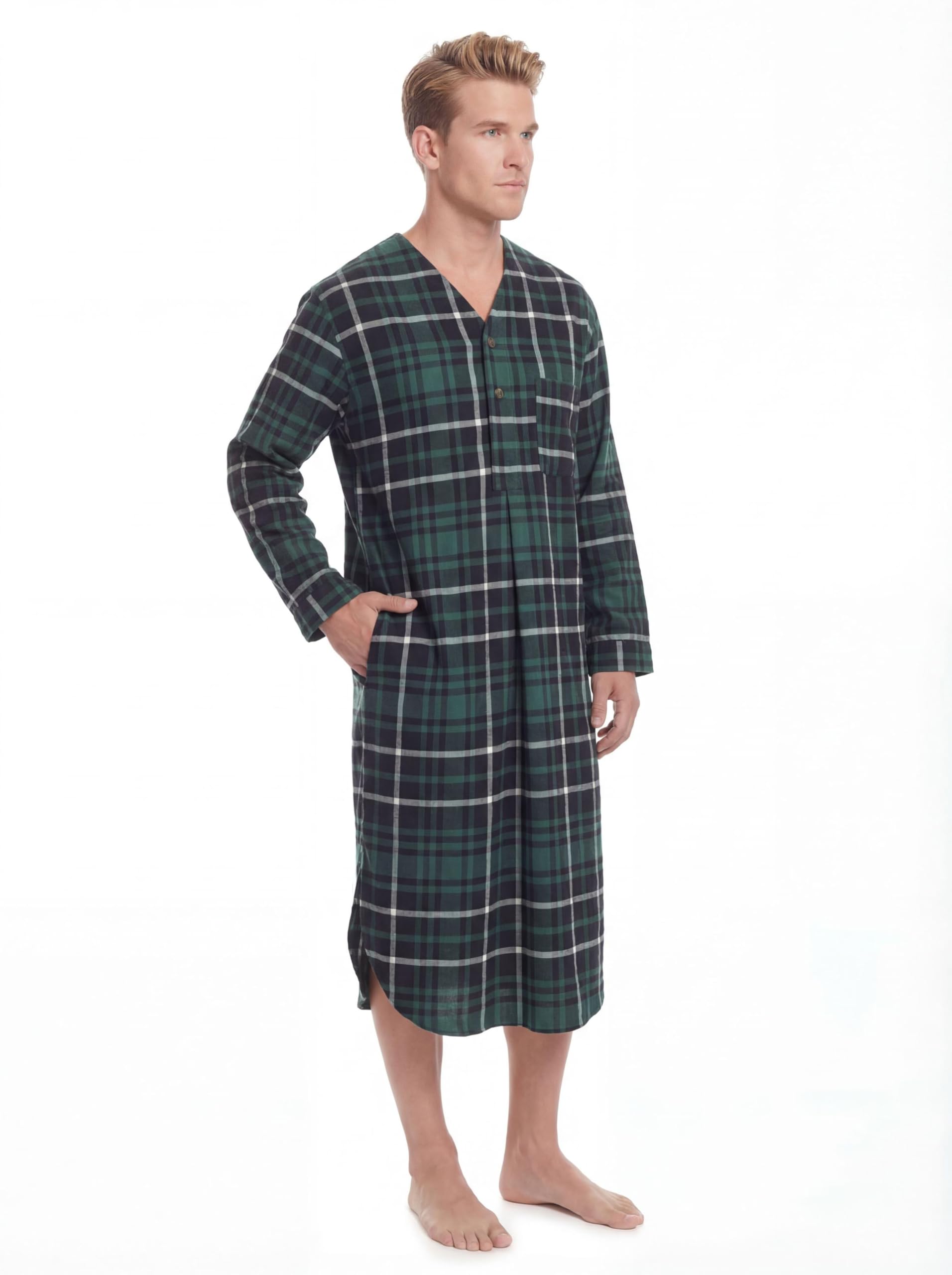 Andrew Scott Men's 2 Pack Lightweight Cotton Flannel Sleep Shirt, Long Henley Nightshirt Pajamas