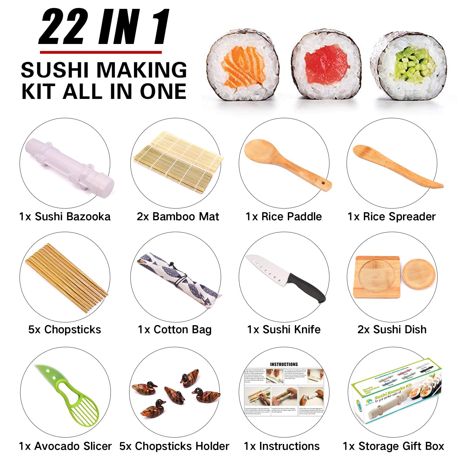 SmileTools Sushi Making Kit, 22pcs Roller Maker for Beginners With Guide Book, Bazooka, Knife, Mat, Avocado Slicer, Chopsticks, Sauce Dishes & More - Sushi Lover's Gift