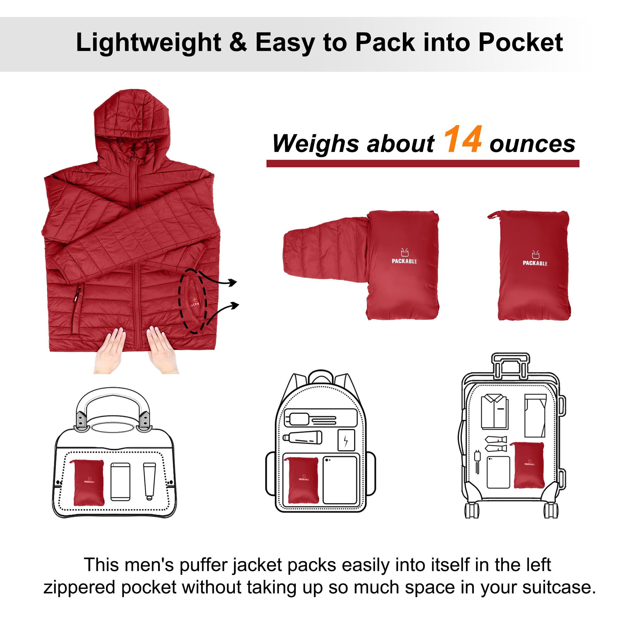 Outdoor Ventures Men's Lightweight Packable Hooded Puffer Jacket Insulated Winter Coat for Snow Ski Traveling