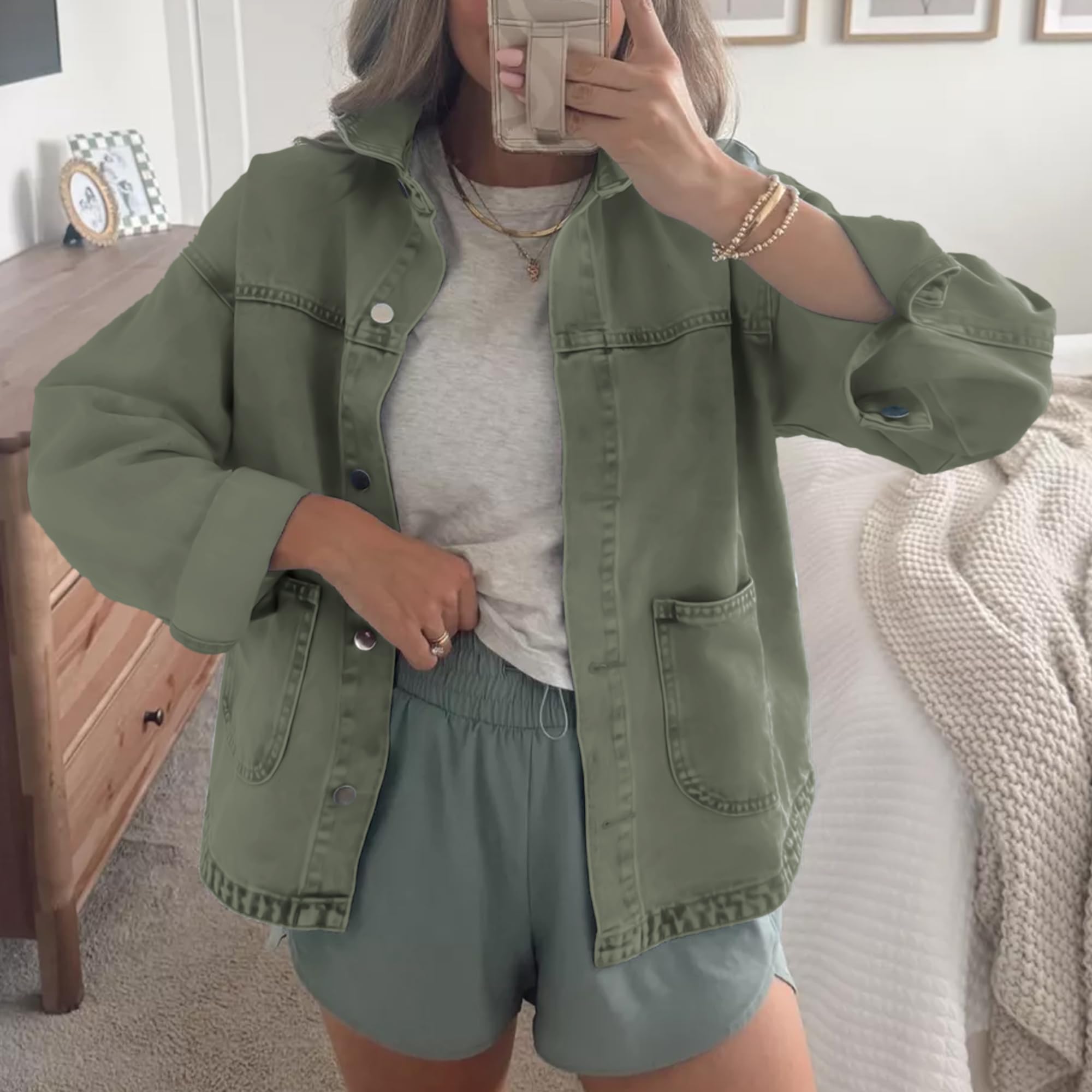 Hixiaohe Jean Jackets for Women Trendy Button Up Denim Shirt Jacket Oversized Long Sleeve Coat Fashion Clothes with Pockets