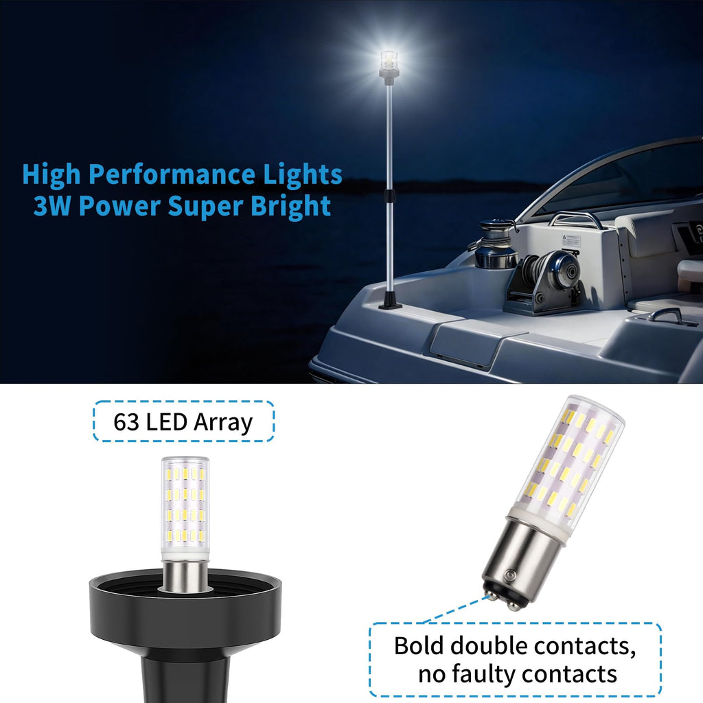 Obcursco Boat Stern Lights, Telescoping Pole 27"-48" LED Anchor Light with Base, 12V Adjustable 3NM 360° Navigation Lighting for Pontoon, Yacht, Bass, and Fishing Boats (27"-48", Black)