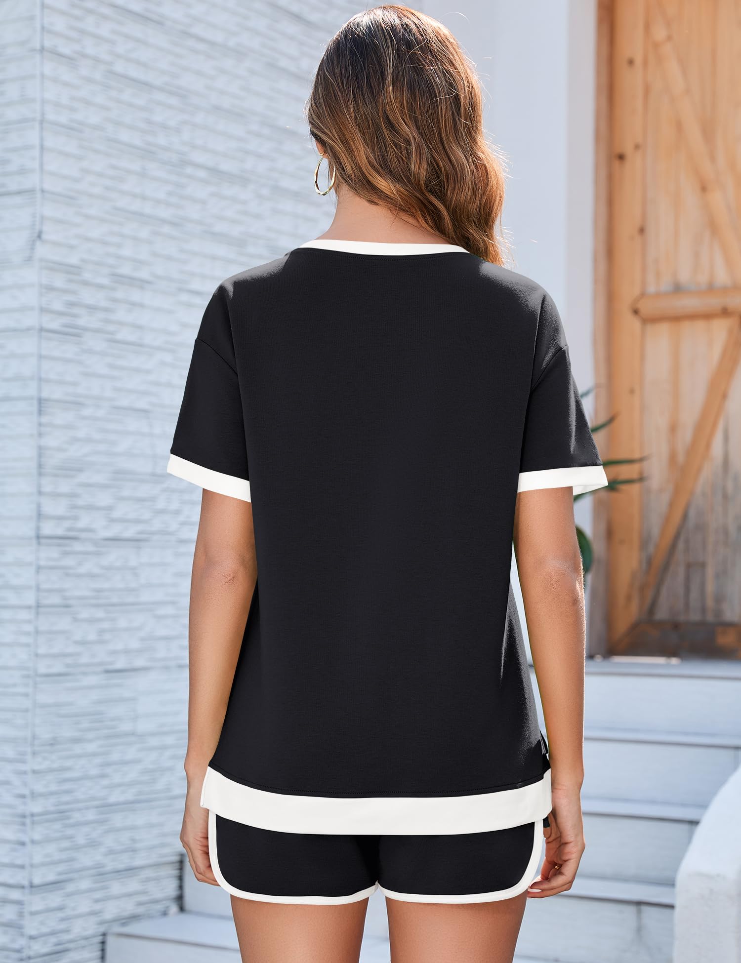 AKEWEI Shorts Sets Women 2 Piece Outfits Casual Short Sleeve Crewneck Tops and Drawstring Shorts Color Block Sets