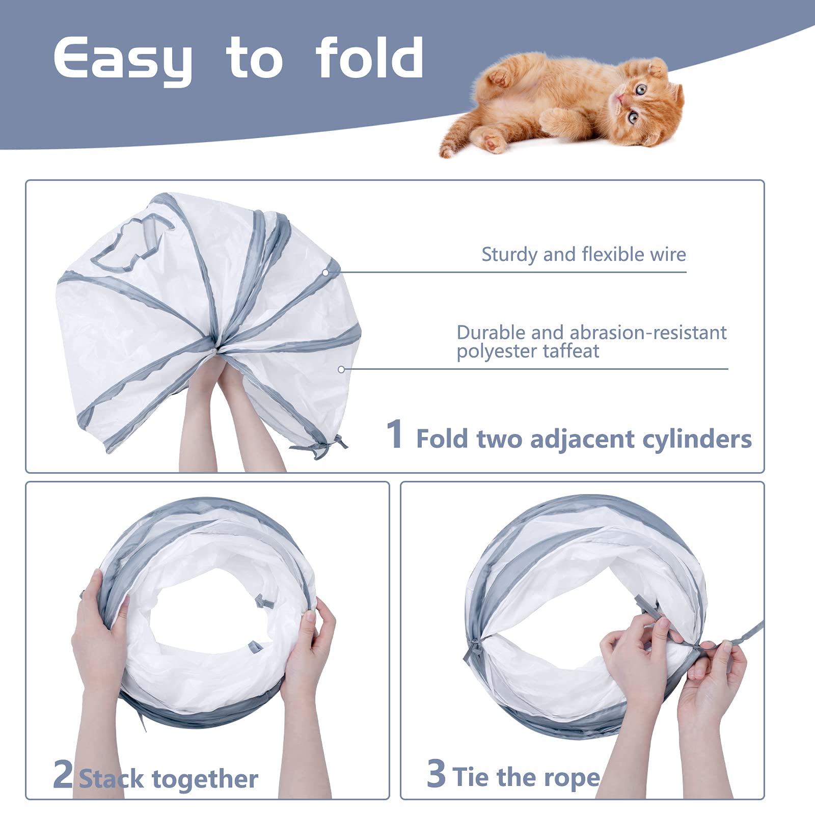 Sheldamy Cat Tunnel, 2-Way Collapsible Play Tunnel, Interactive Toy Maze for Small Animals, Suitable for Kittens, Puppies, Rabbits, Ferrets, Blue & Black