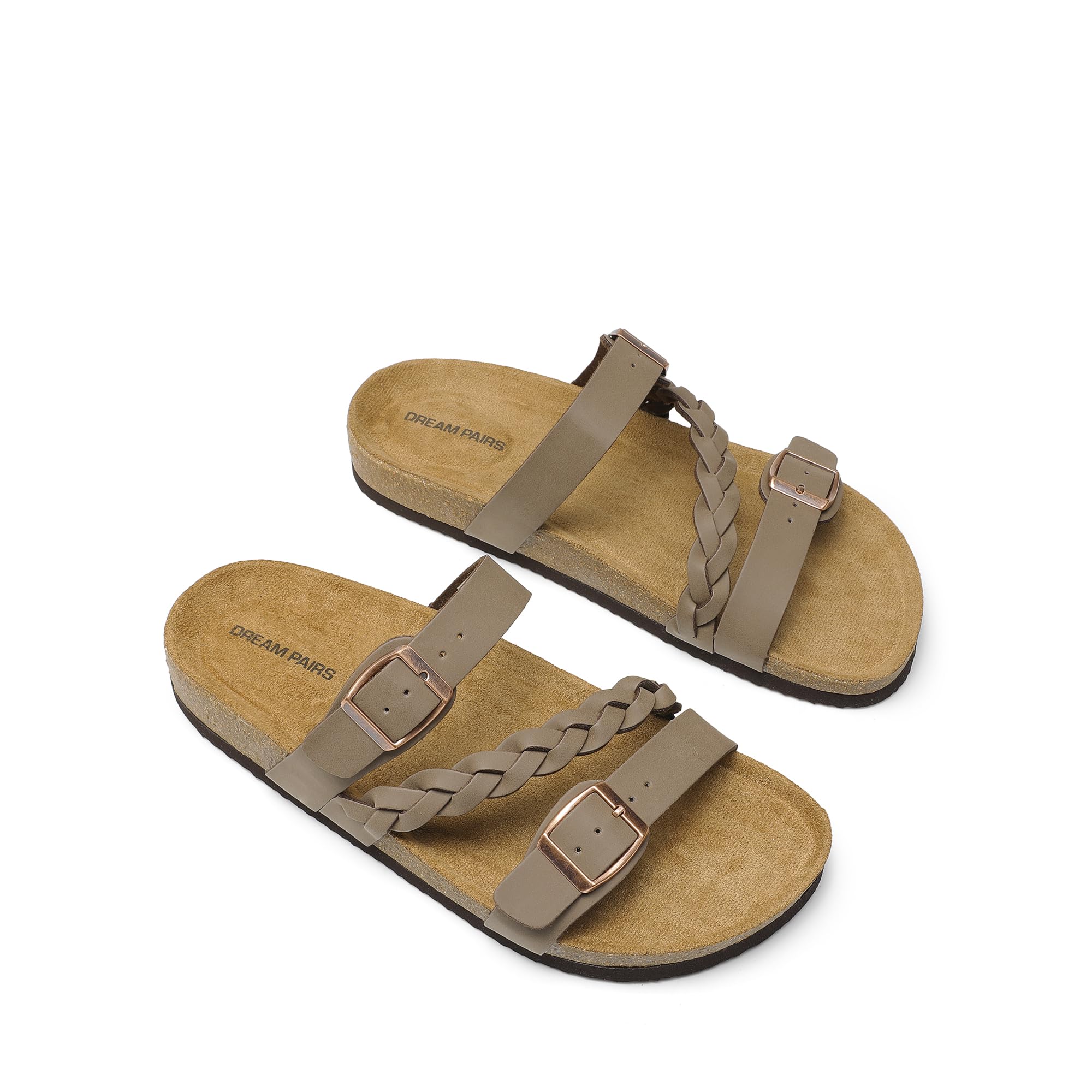 DREAM PAIRS Women's Slides Soft Cork Footbed Sandals Comfortable Walking Slip-on Flat Sandals Arch Support Adjustable Buckle Braided Straps Slippers
