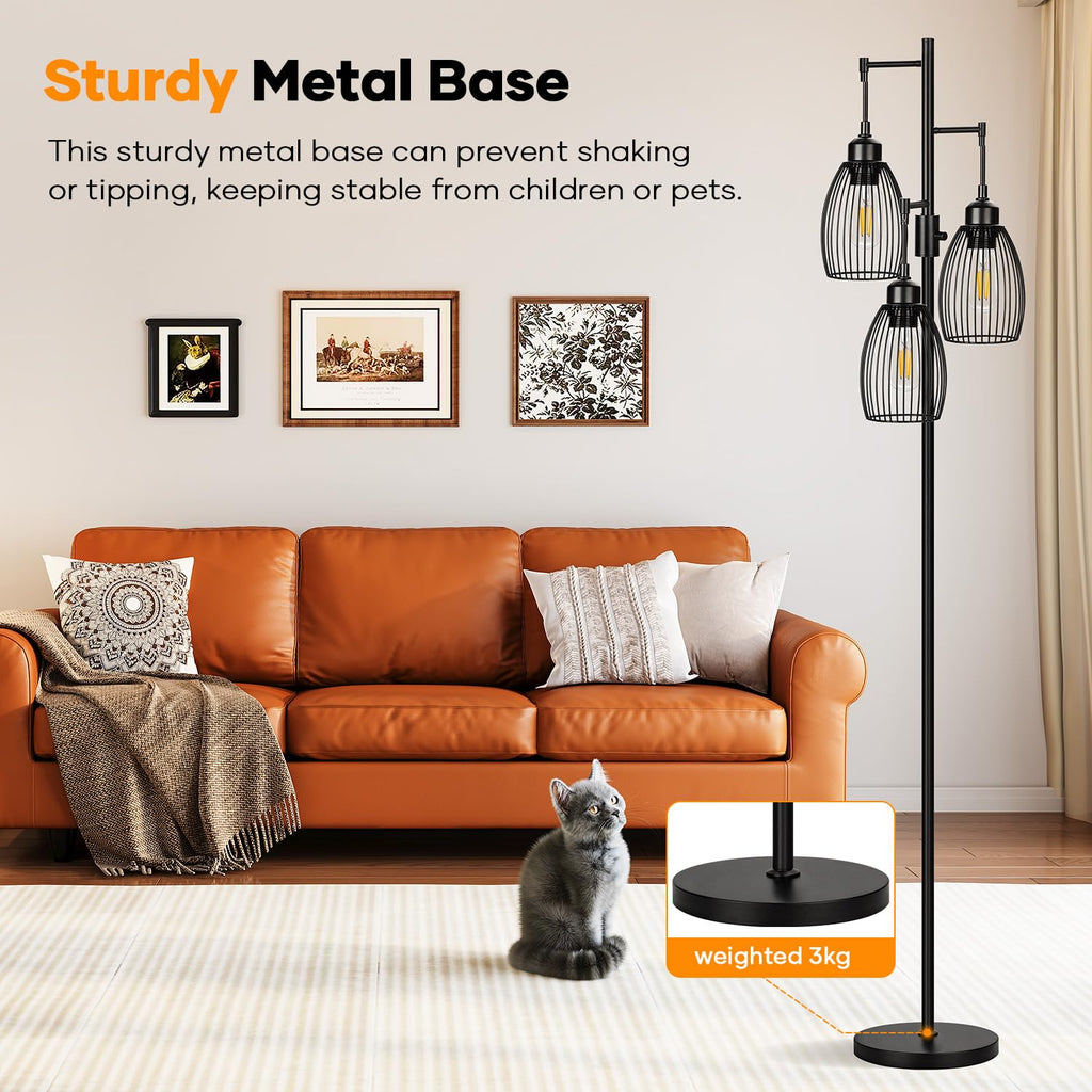 Dimmable Floor Lamp, 3 x 800LM LED Edison Bulbs Included, Farmhouse Industrial Floor Lamp Standing Tree Lamp with Elegant Teardrop Cage Tall Lamps for Living Room Bedroom Office Dining Room-Brass