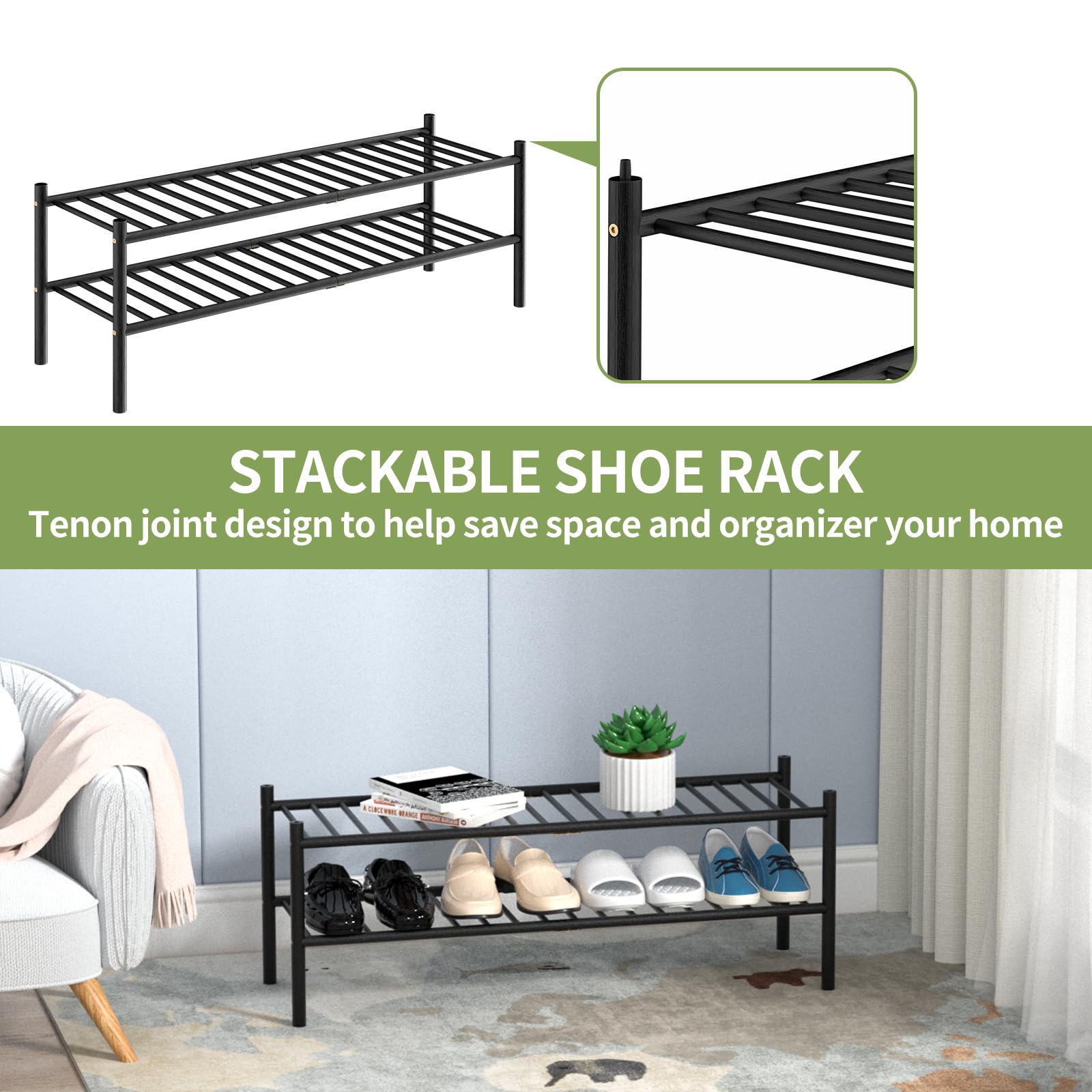 ROMGUAR CRAFT 2-Tier Bamboo Long Shoe Rack, Free Standing Wood Shoe Shelf Storage Organizer for Closet Entryway Stackable 35"x11"x13" (Black)