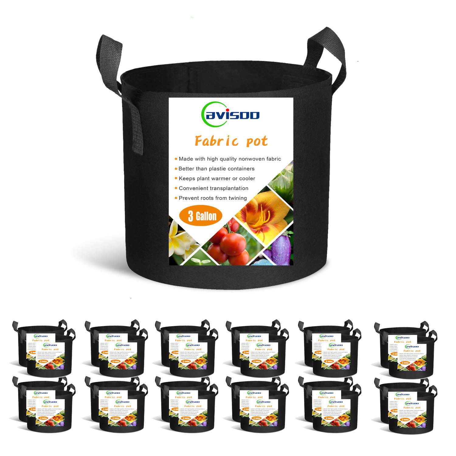 Cavisoo 24-Pack 3 Gallon Grow Bags, Heavy Duty Thickened Non-Woven Plant Fabric Pots with Reinforced Handles