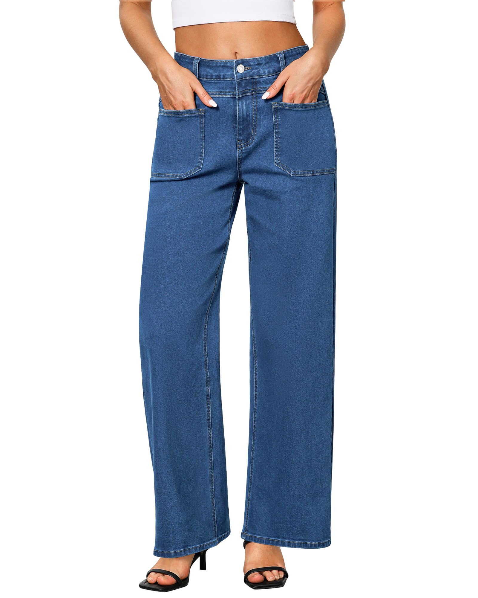 GRAPENT Wide Leg Jeans for Women Trendy High Waisted Loose Straight Leg Stretchy Retro Denim Pants with Pouch Pockets