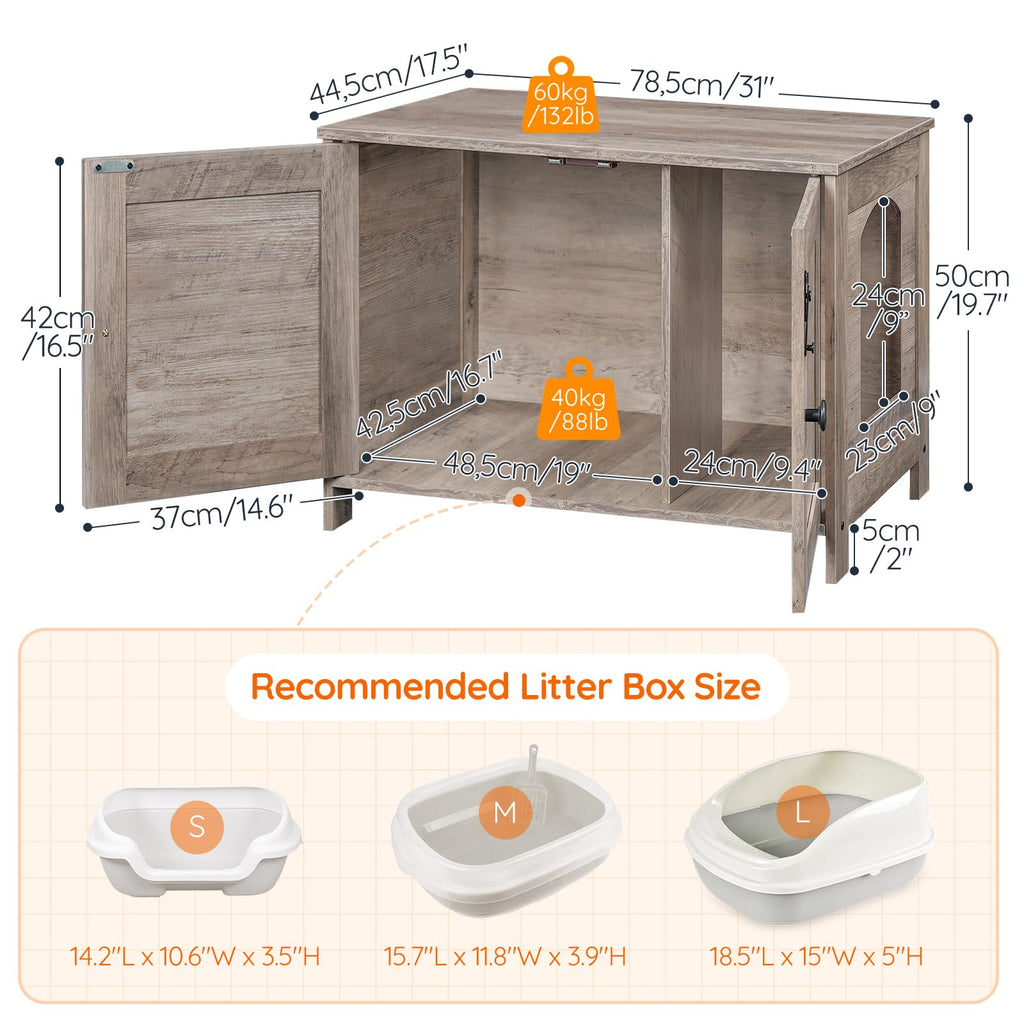 HOOBRO Litter Box Enclosure, Cat Litter Box Furniture with Removable Divider, Large Hidden Litter Box Furniture, Wooden Cat House, End Side Table, 31" L x 17.5" W x 19.7" H, Greige BG03MW01G2