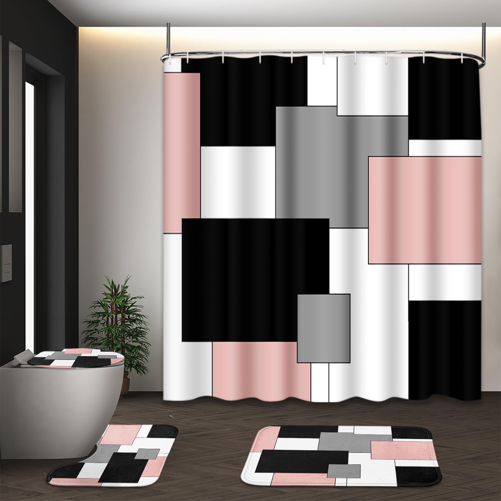 Beige Geometric Shower Curtain Set with Toilet Lid Cover and Non-Slip Rugs for Bathroom, Black Grey White Checkered 4 Pcs Shower Curtain, Modern Abstract Bathroom Set with 12 Hooks