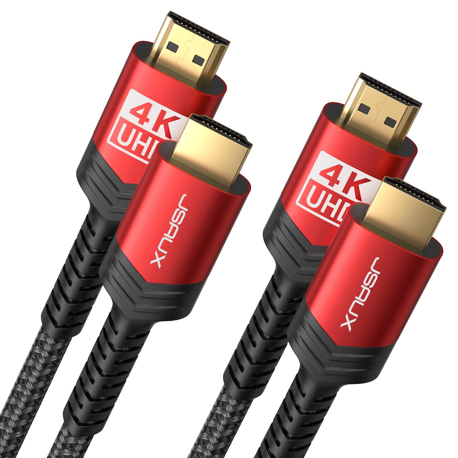 JSAUX 4K Long HDMI Cable 2 Pack 15ft, 18Gbps High Speed HDMI 2.0 Braided Cord, 4K 60Hz HDR, 2K 1440P 144Hz, 1080p, HDCP 2.2, 3D, ARC, Ethernet Compatible with Monitor Smart TV PC PS5 PS4 Blu-ray -Red
