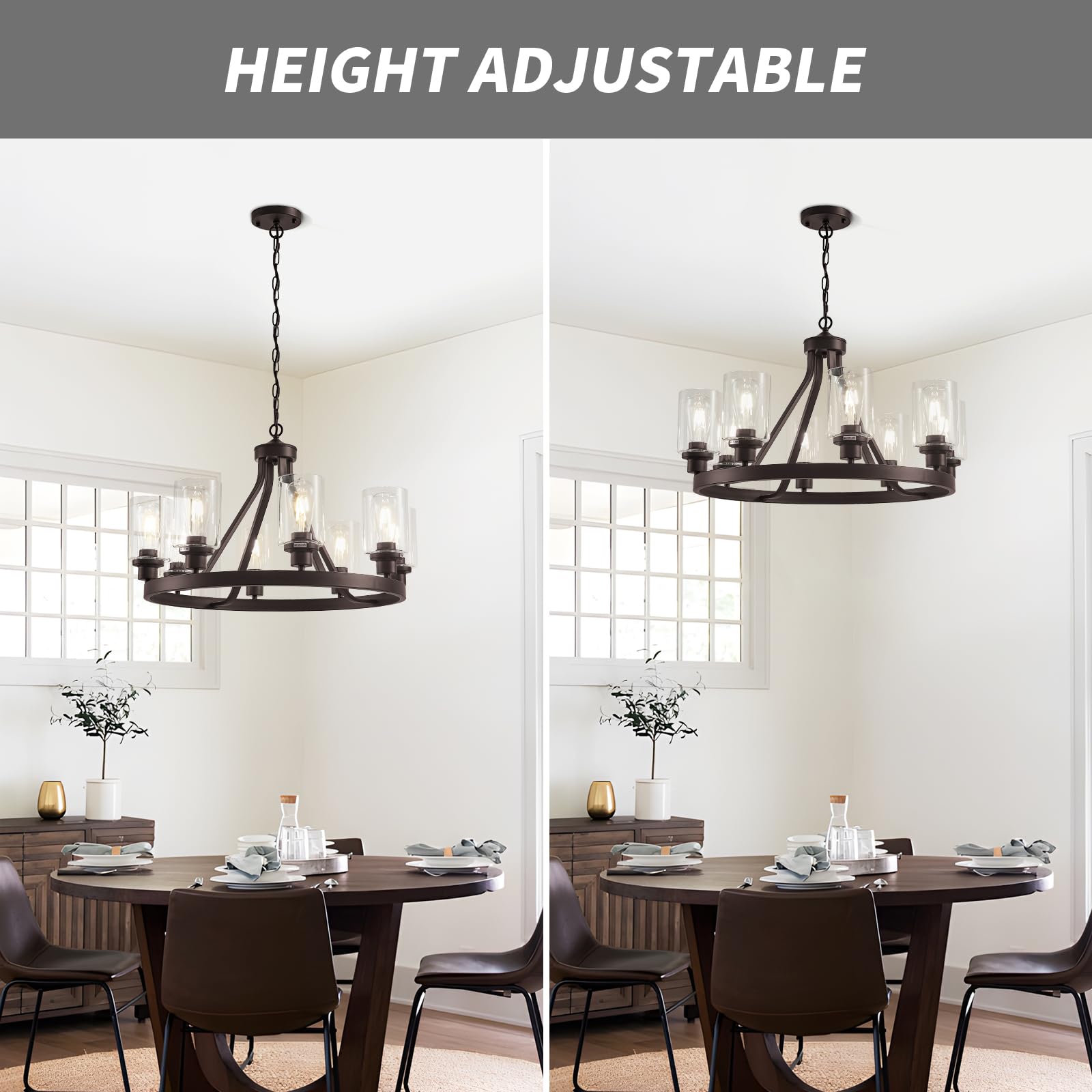 Lanhall 6-Light Modern Dining Room Light Fixture Brushed Nickel Kitchen Chandelier Ceiling Hanging Pendant Lighting with Glass Shade for Living Room Bedroom Entryway Adjustable Height Metal E26