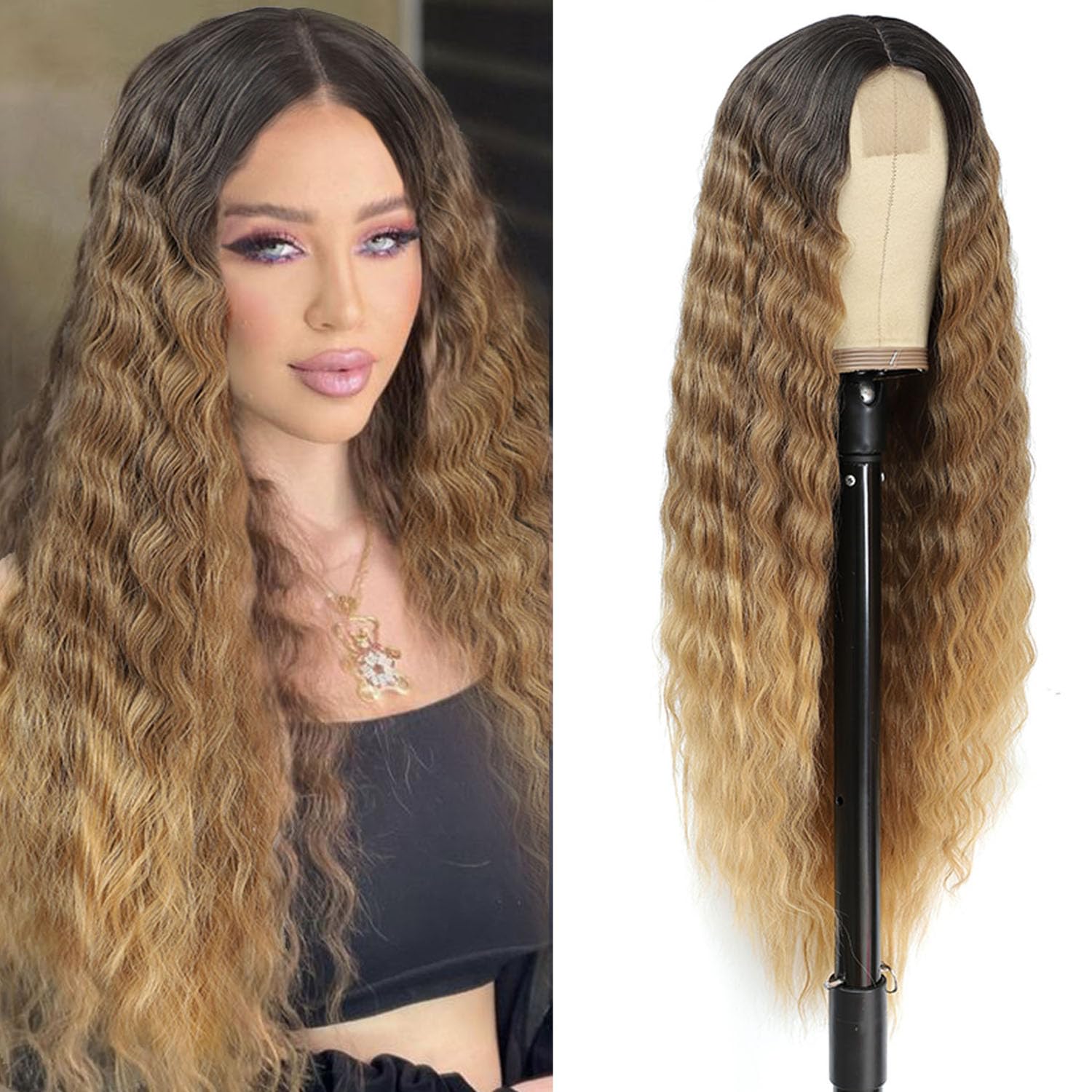 INSTASTYLE 30 Inch Synthetic Curly Wigs for Women Long Black Hair Wig Lace Front 4" Simulated Scalp Natural Loose Deep Wave Crimps Curls Wig As Hair Replacement Wigs 1B