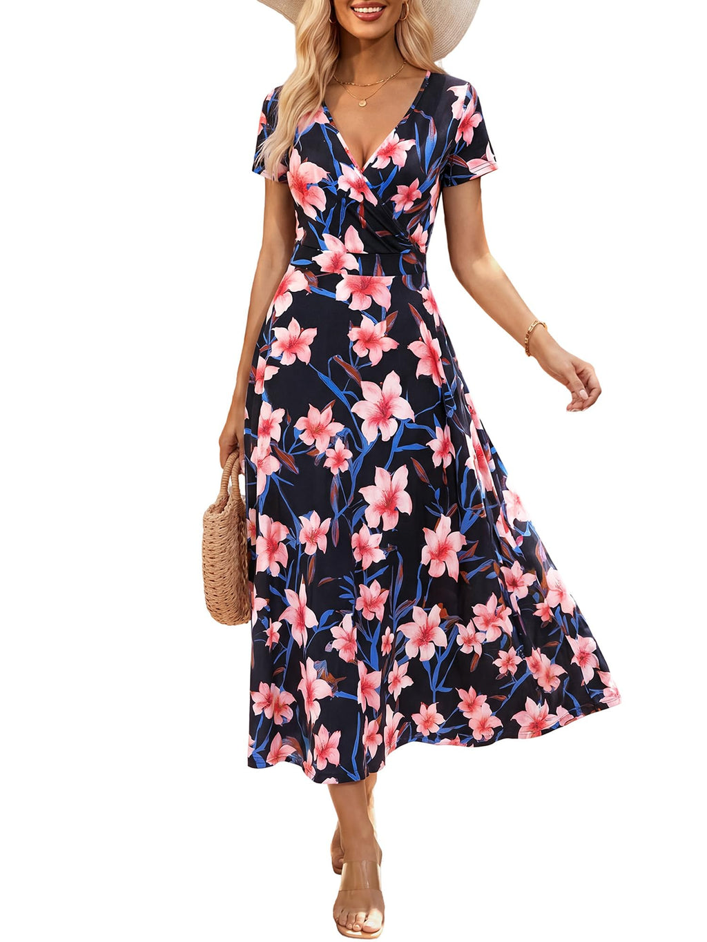 HUHOT Women's Short Sleeve Wrap V Neck Dresses for Wedding Guest Summer Floral Maxi Sundresses with Pockets Boho Dress