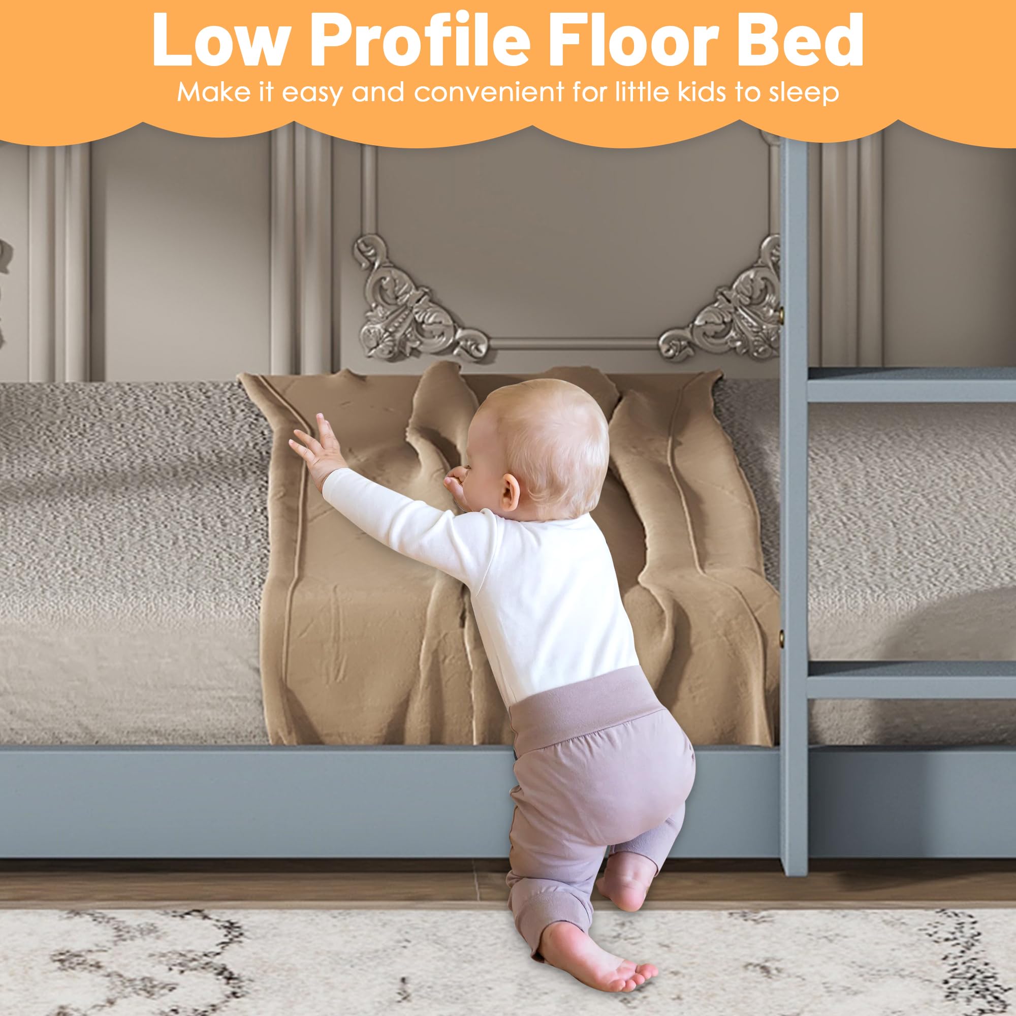 Bunk Bed Twin Over Twin, Wood Low Profile Floor Twin Bunk Beds with Headboard Ladder Guardrails for Kids Boys and Girls, No Box Spring Needed