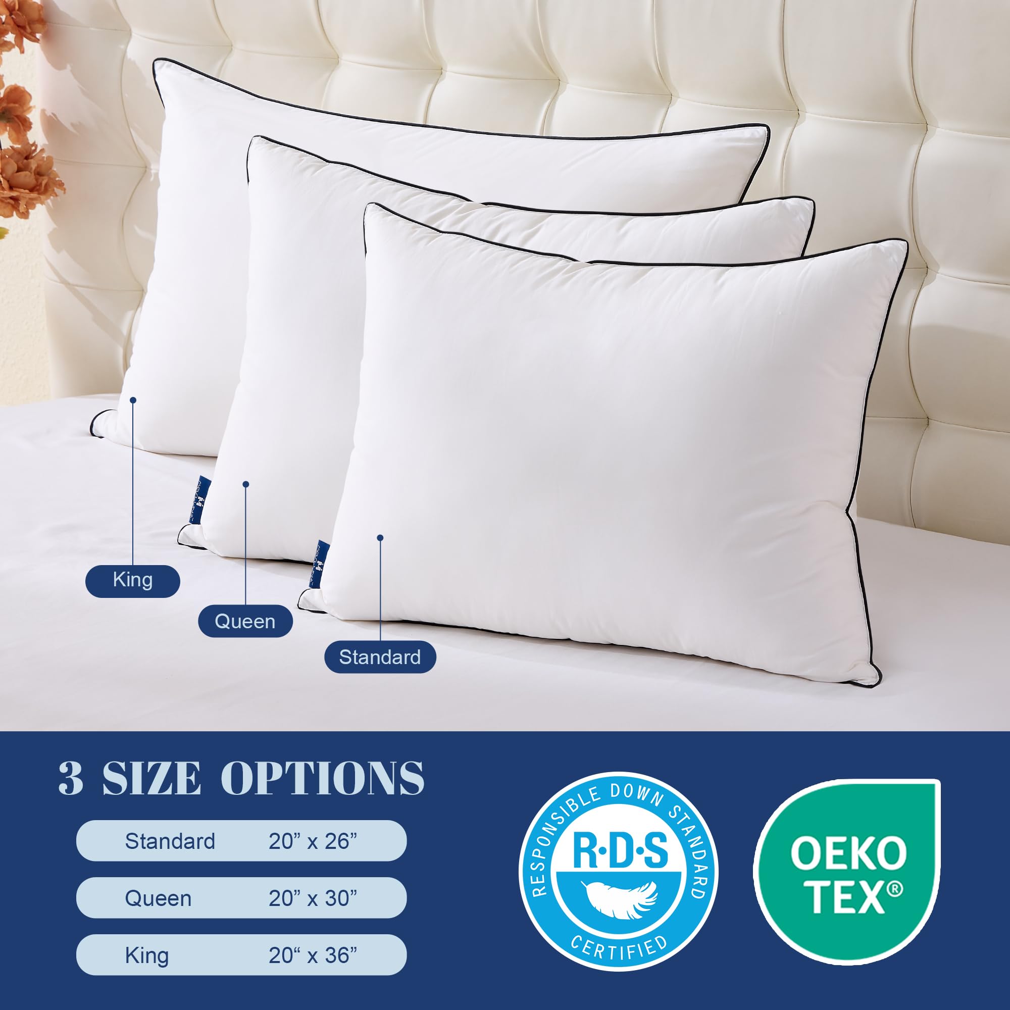 Feather Down Pillows Standard Size Set of 2, Luxury Hotel Collection Bed Pillow 2 Pack, Airyfil™ Powered Fillings & Feathers Pillow，Fluffy Plush for Side Sleepers,Firm, 20x26 in.